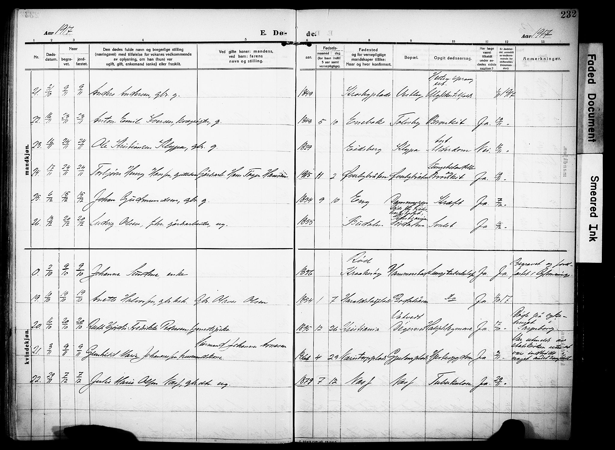 Rakkestad prestekontor Kirkebøker, AV/SAO-A-2008/F/Fa/L0015: Parish register (official) no. I 15, 1909-1922, p. 232