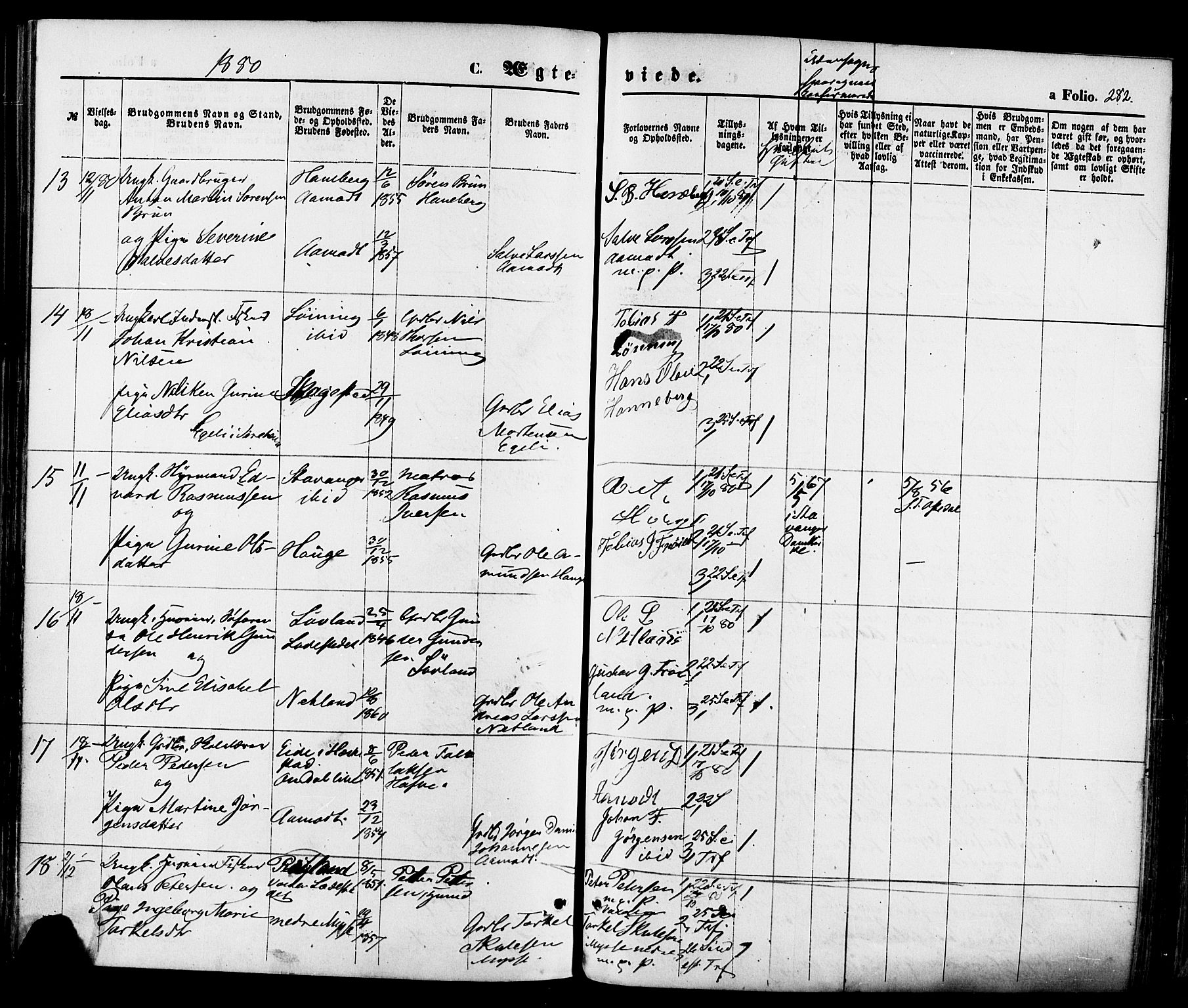 Sokndal sokneprestkontor, AV/SAST-A-101808: Parish register (official) no. A 10, 1874-1886, p. 282