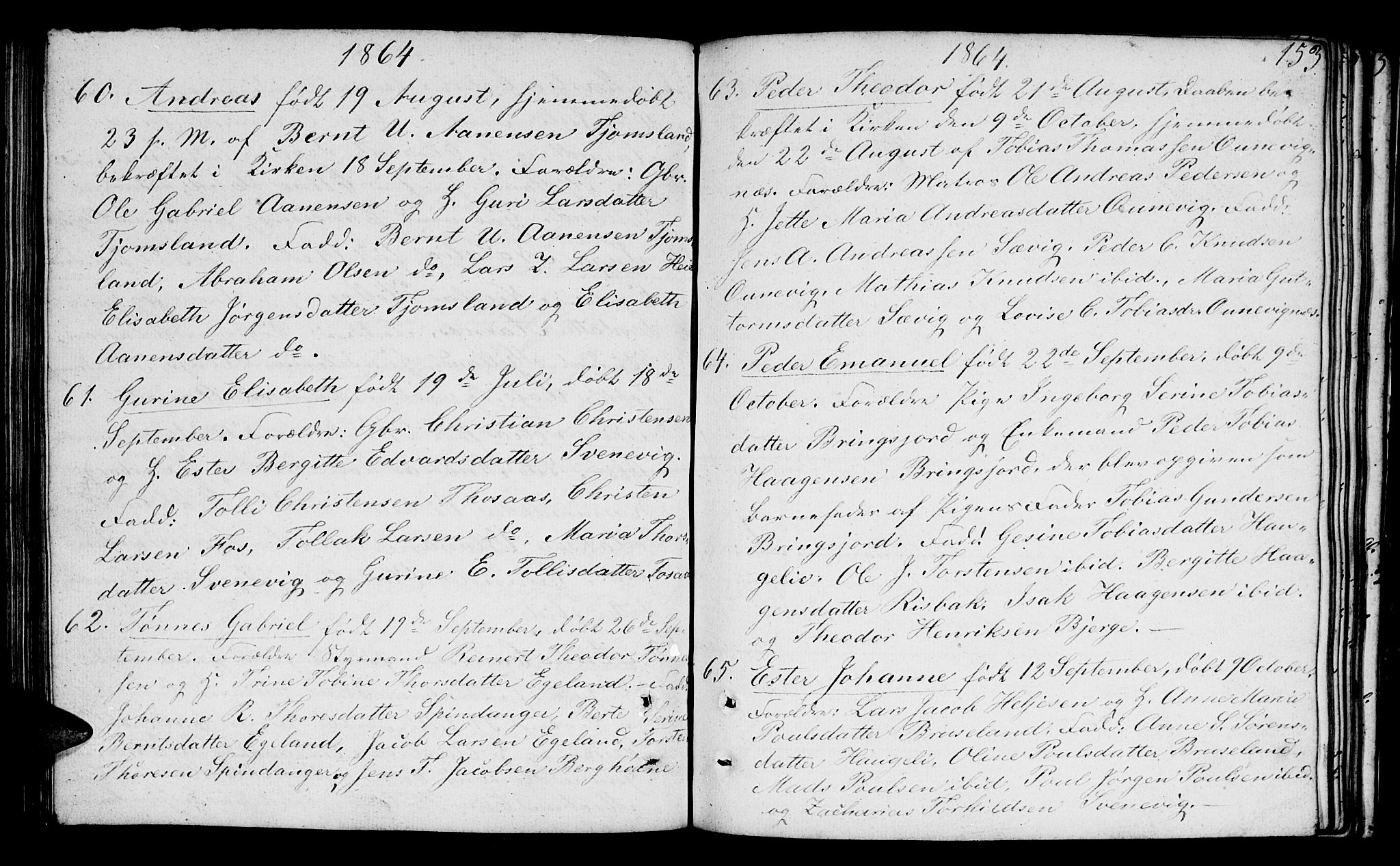 Lyngdal sokneprestkontor, AV/SAK-1111-0029/F/Fb/Fbc/L0002: Parish register (copy) no. B 2, 1849-1864, p. 153