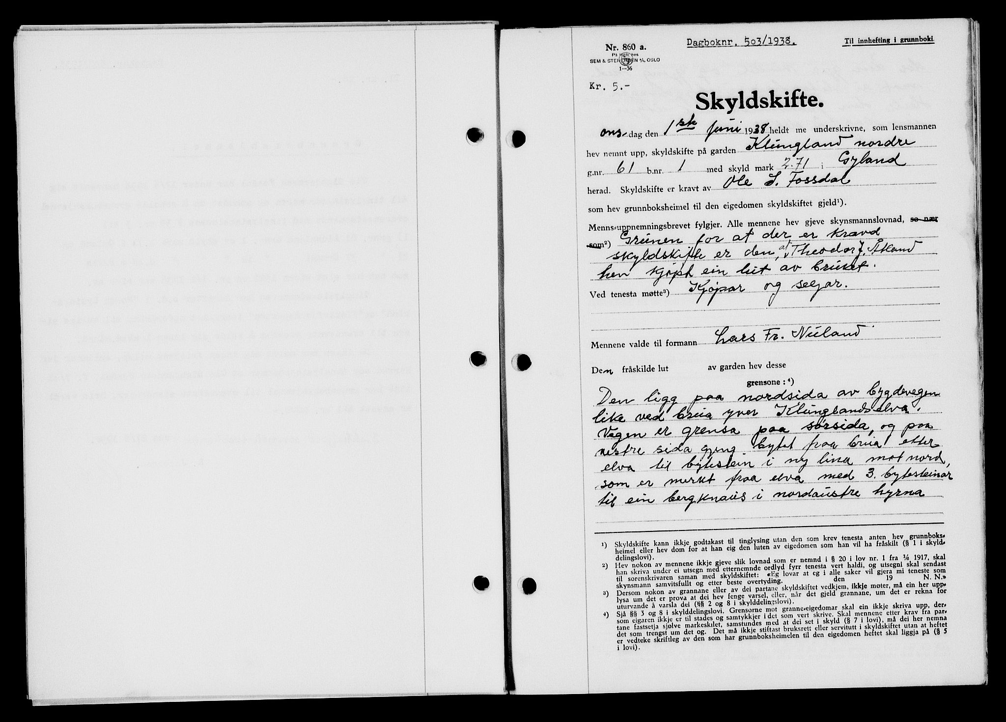 Flekkefjord sorenskriveri, SAK/1221-0001/G/Gb/Gba/L0054: Mortgage book no. A-2, 1937-1938, Diary no: : 503/1938