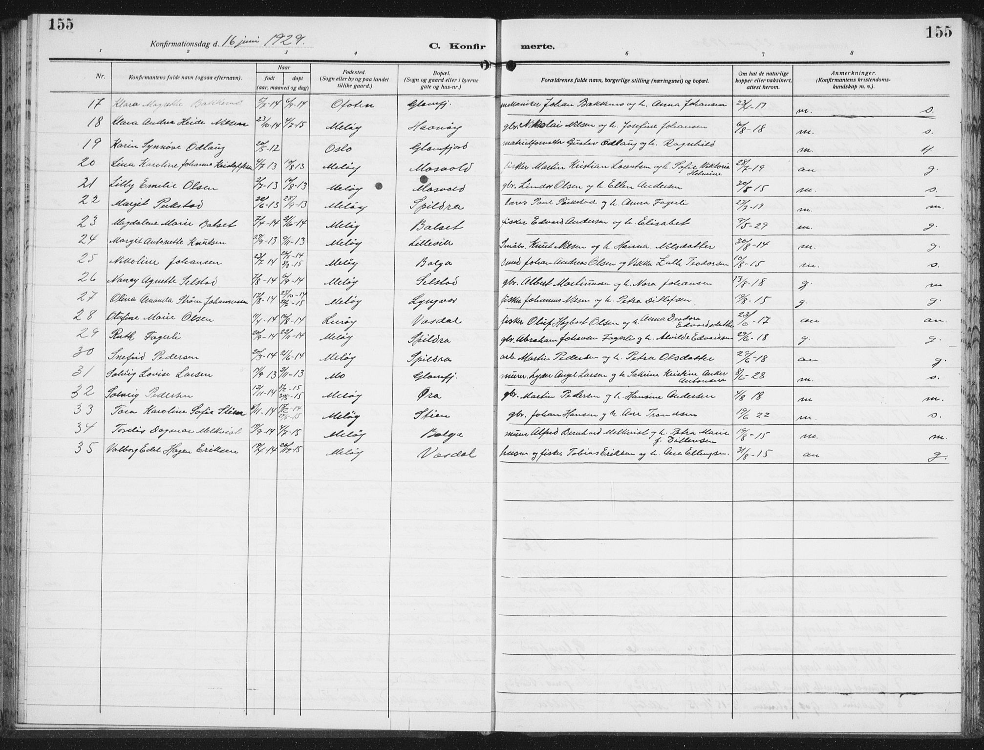 Ministerialprotokoller, klokkerbøker og fødselsregistre - Nordland, AV/SAT-A-1459/843/L0640: Parish register (copy) no. 843C09, 1925-1941, p. 155