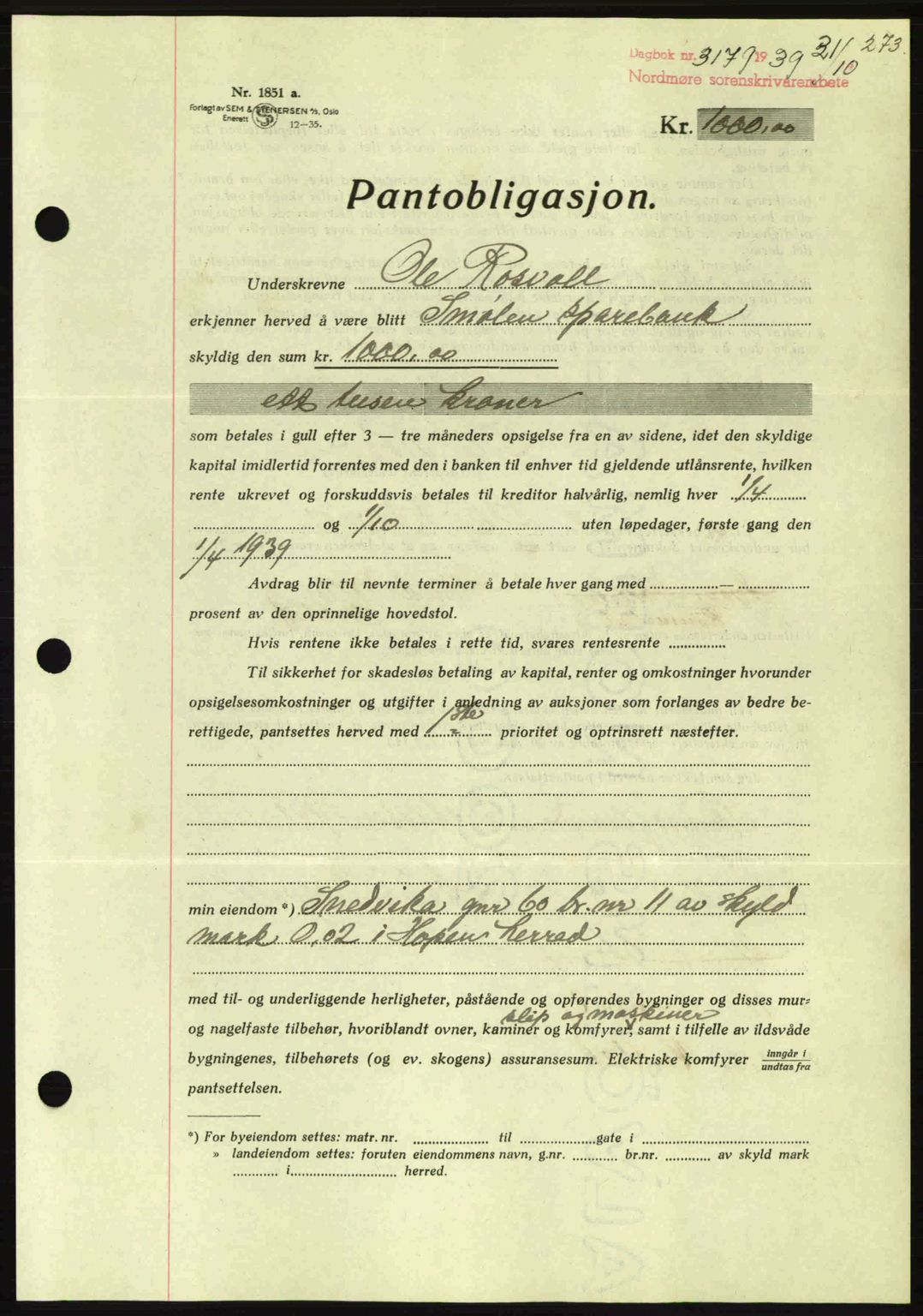 Nordmøre sorenskriveri, AV/SAT-A-4132/1/2/2Ca: Mortgage book no. B86, 1939-1940, Diary no: : 3171/1939