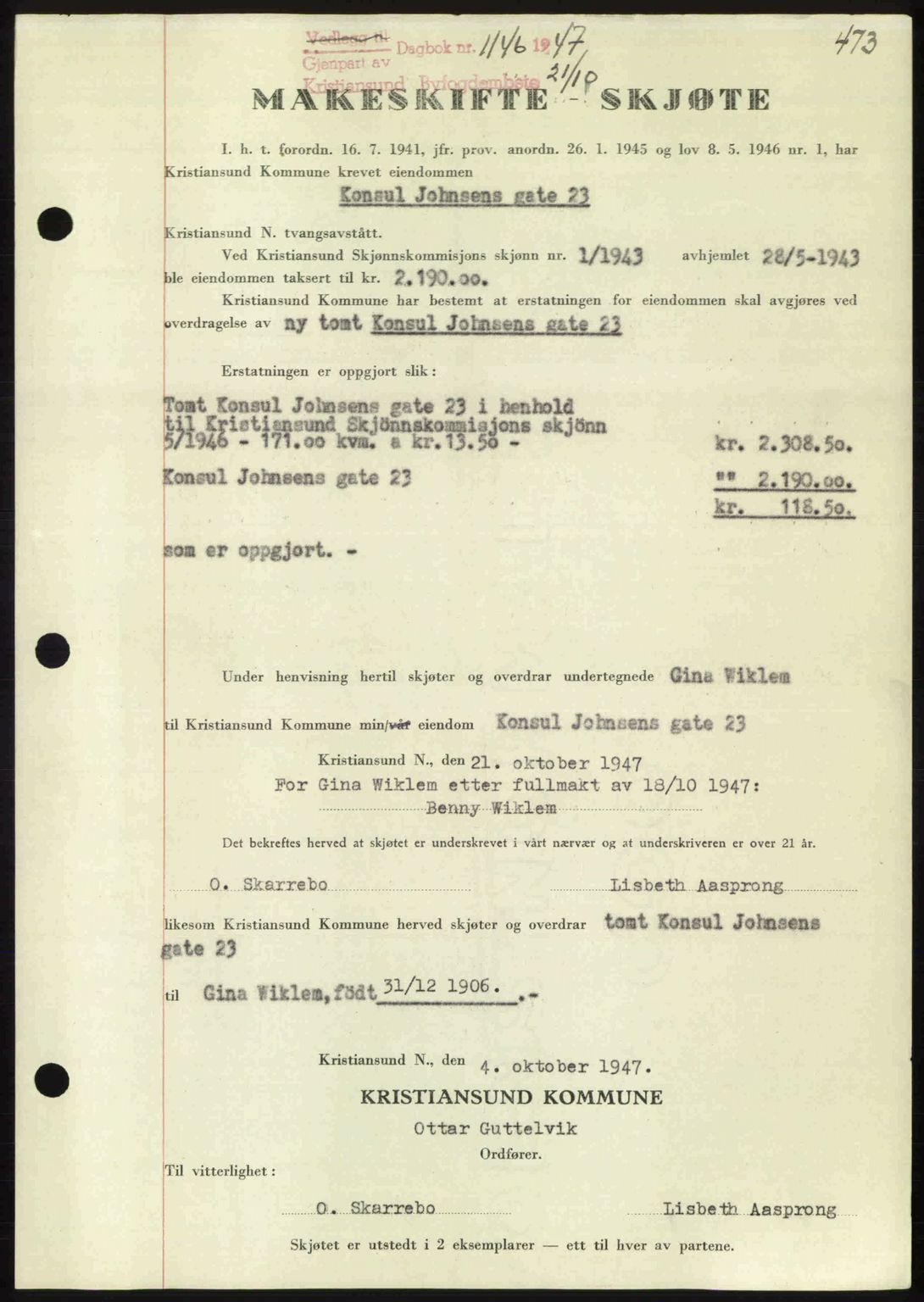 Kristiansund byfogd, AV/SAT-A-4587/A/27: Mortgage book no. 39b, 1946-1947, Diary no: : 1146/1947