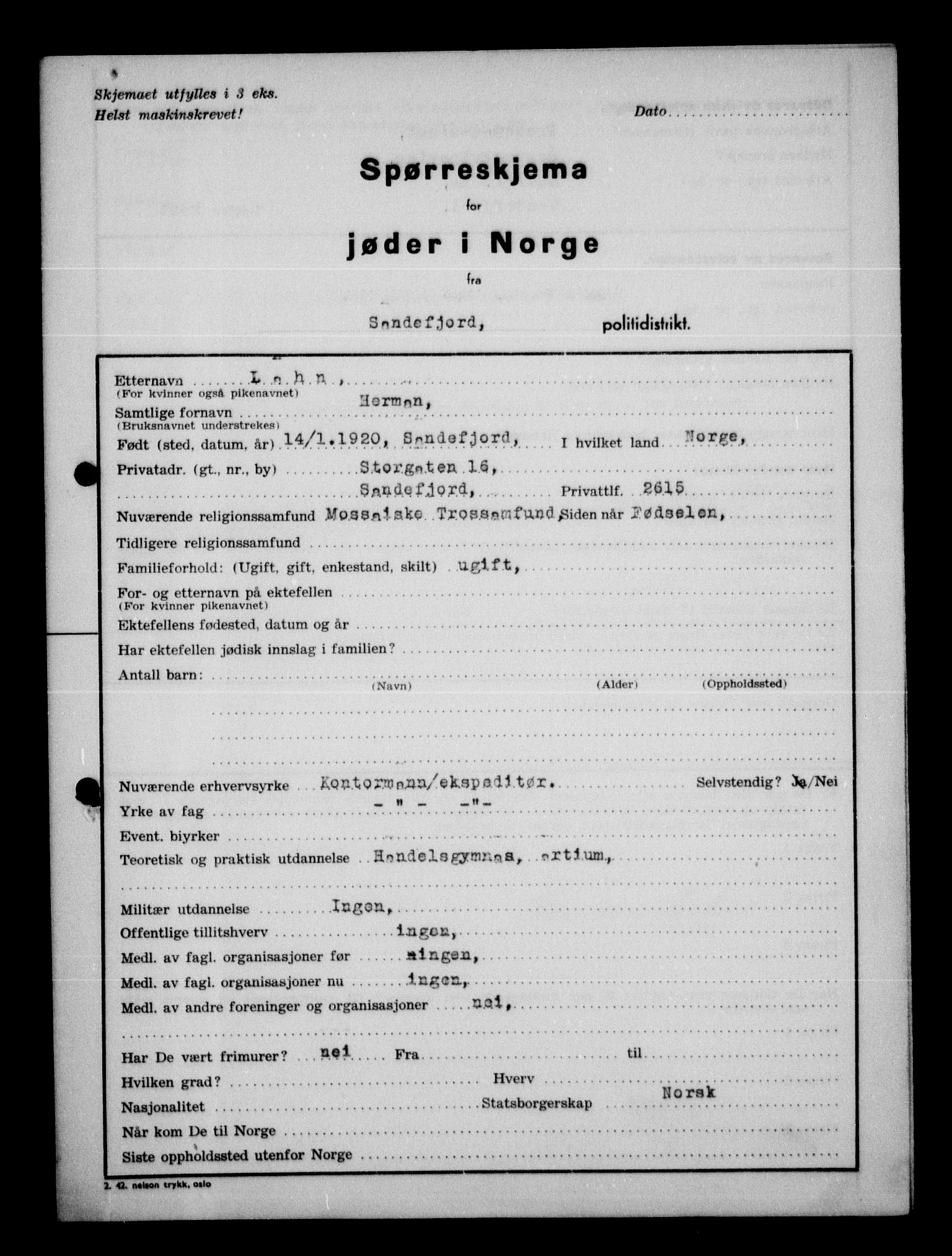 Statspolitiet - Hovedkontoret / Osloavdelingen, AV/RA-S-1329/G/Ga/L0013: Spørreskjema for jøder i Norge. 1: Sandefjord-Trondheim. 2: Tønsberg- Ålesund.  3: Skriv vedr. jøder A-H.  , 1942-1943, p. 8