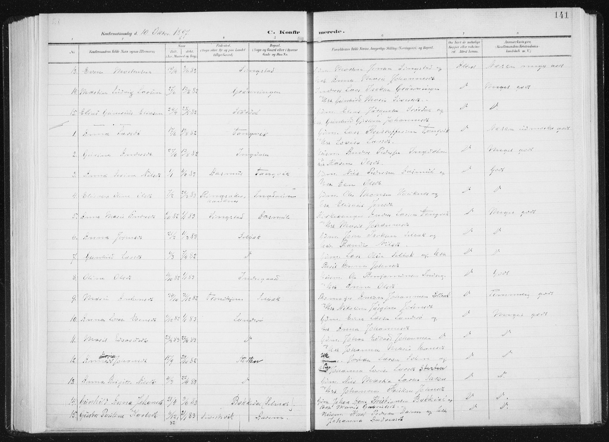 Ministerialprotokoller, klokkerbøker og fødselsregistre - Sør-Trøndelag, AV/SAT-A-1456/647/L0635: Parish register (official) no. 647A02, 1896-1911, p. 141