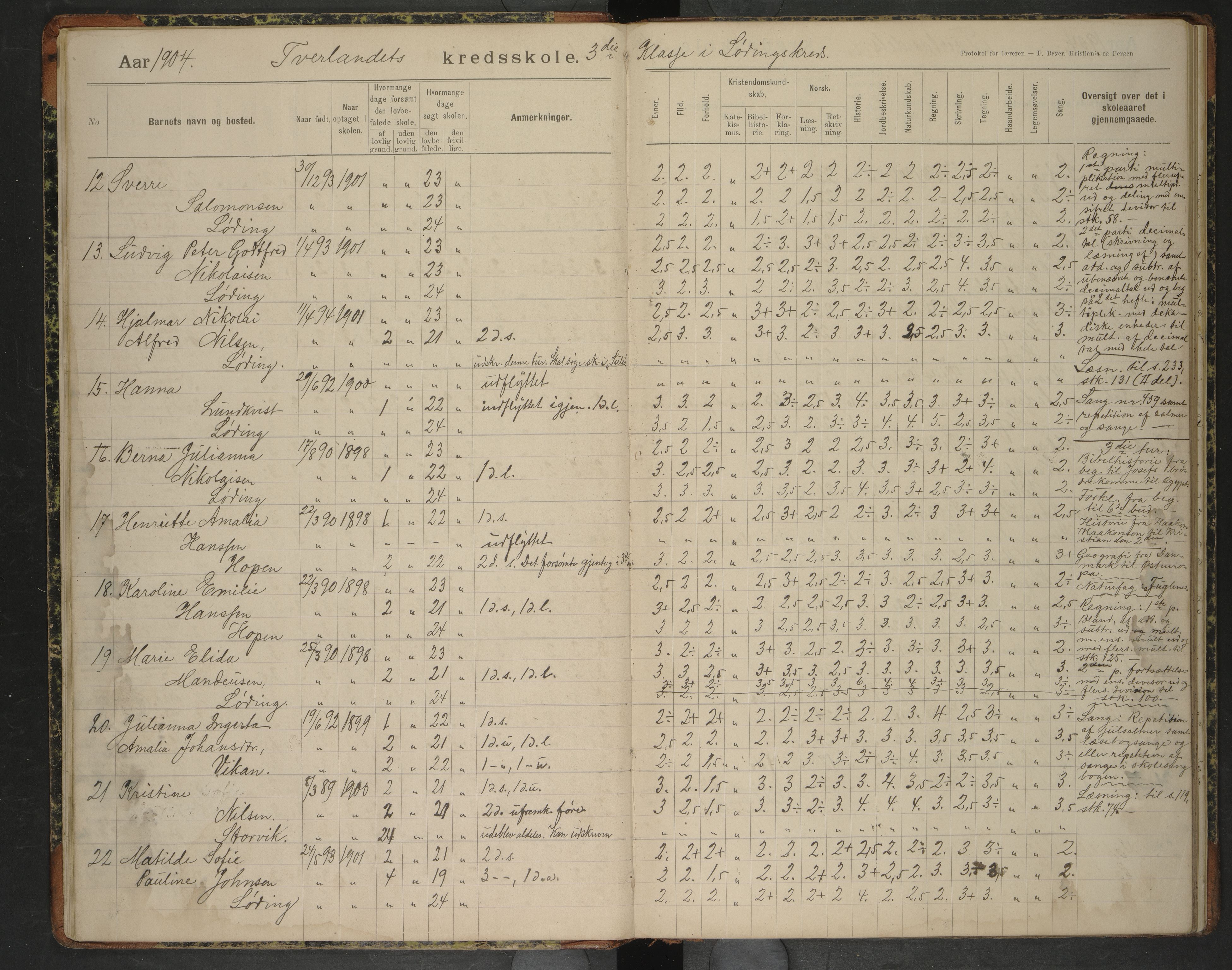 Bodin kommune. Tverlandet skolekrets, AIN/K-18431.510.02/F/Fa/L0007: Skoleprotokoll, 1904-1913