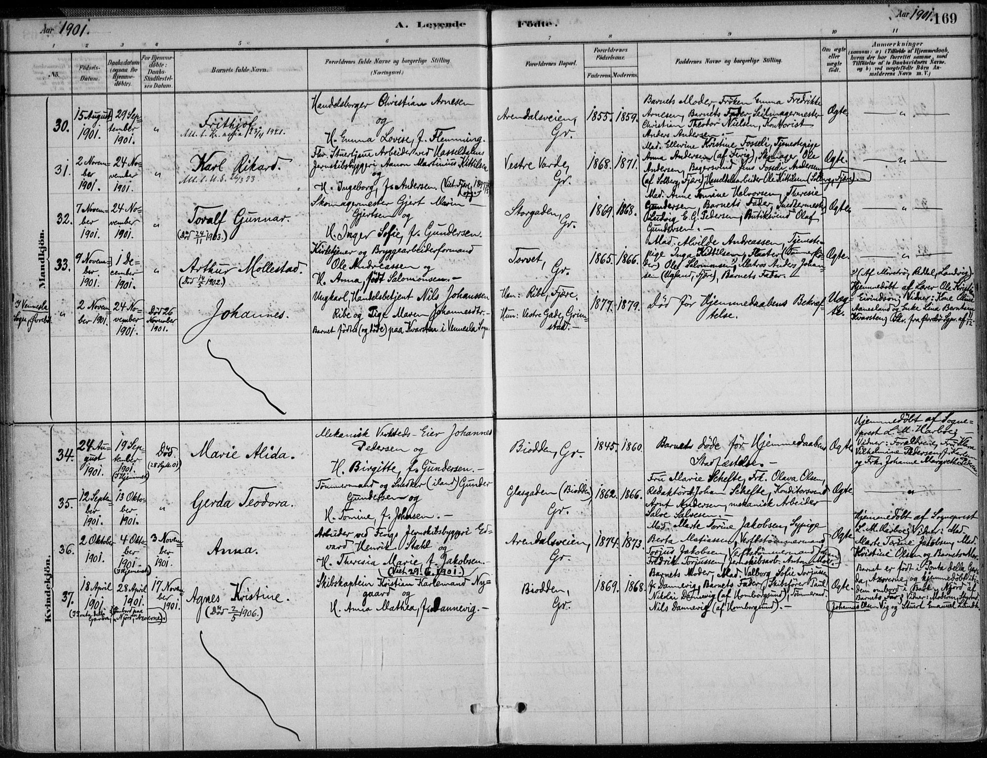 Grimstad sokneprestkontor, SAK/1111-0017/F/Fa/L0003: Parish register (official) no. A 2, 1882-1912, p. 169