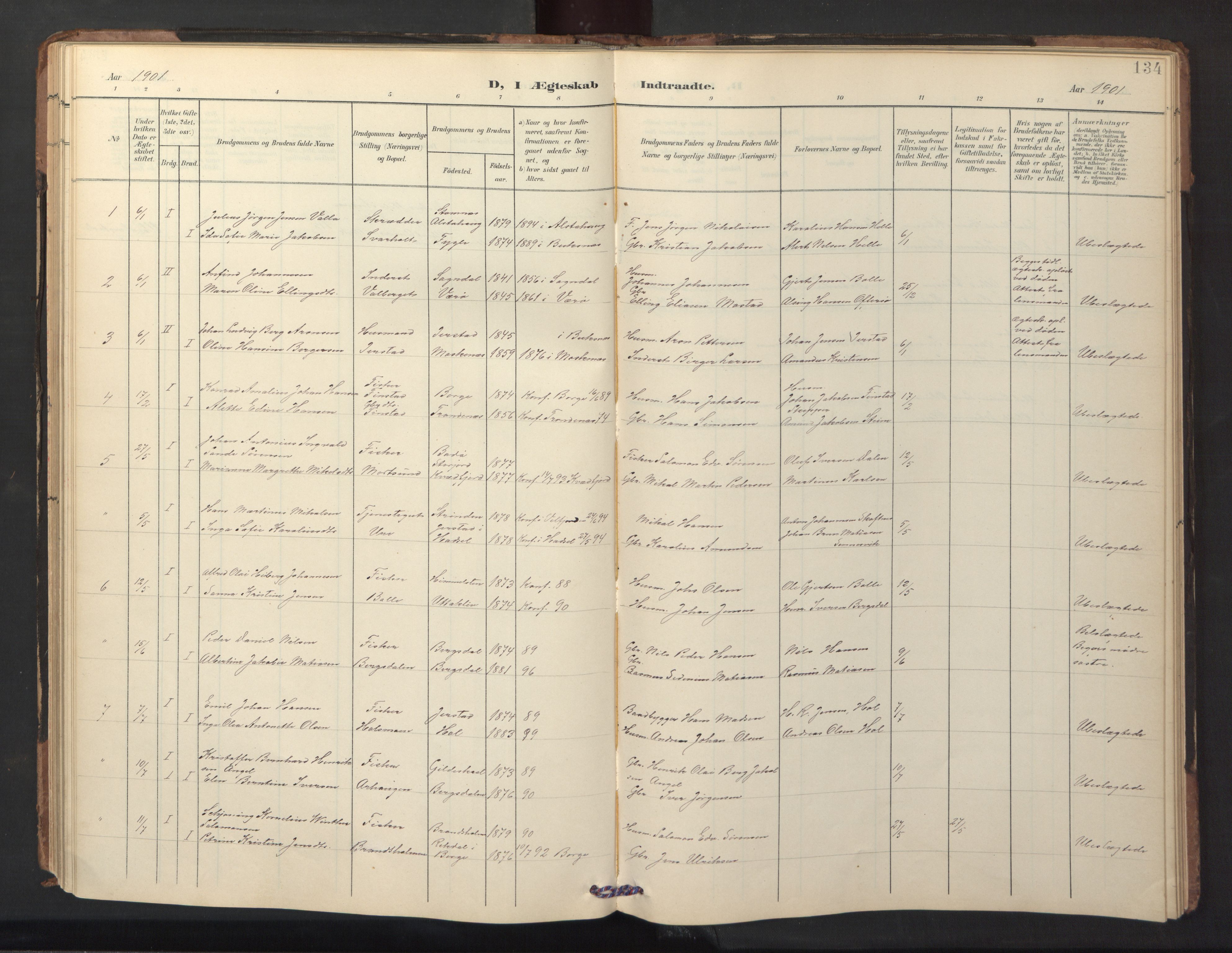 Ministerialprotokoller, klokkerbøker og fødselsregistre - Nordland, AV/SAT-A-1459/882/L1185: Parish register (copy) no. 882C03, 1898-1910, p. 134