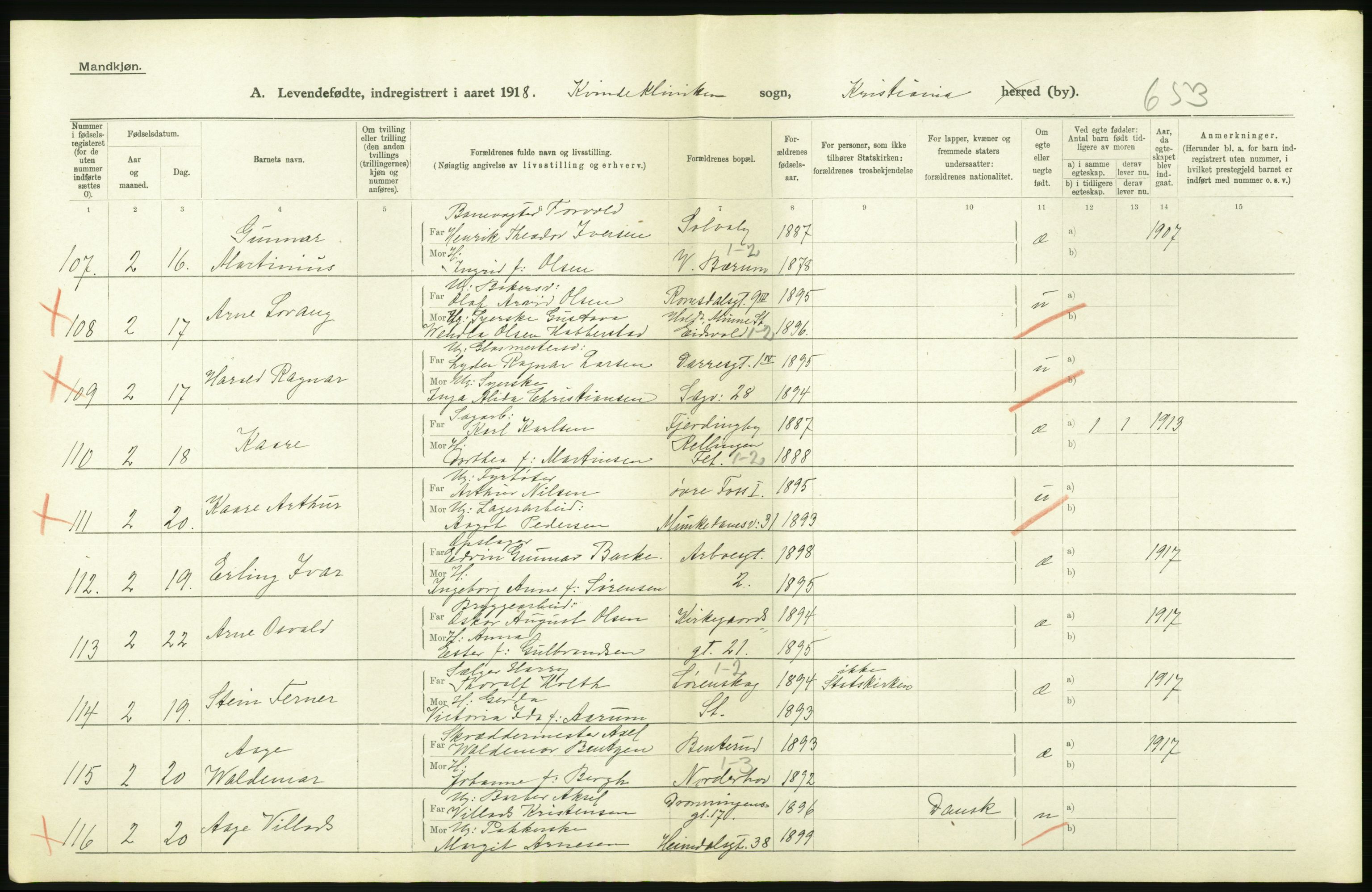 Statistisk sentralbyrå, Sosiodemografiske emner, Befolkning, AV/RA-S-2228/D/Df/Dfb/Dfbh/L0008: Kristiania: Levendefødte menn og kvinner., 1918, p. 412