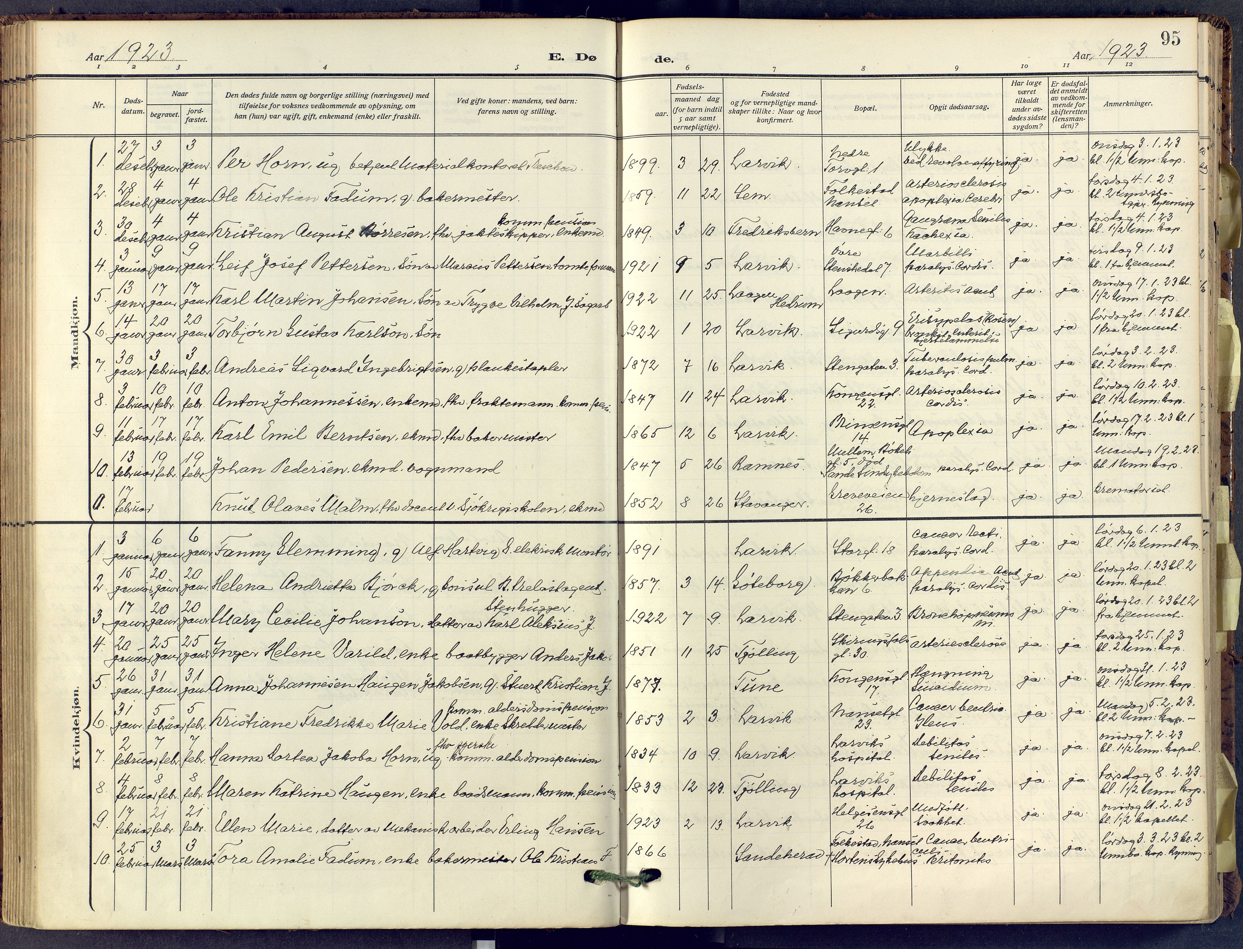 Larvik kirkebøker, SAKO/A-352/F/Fa/L0013: Parish register (official) no. I 13, 1910-1960, p. 95