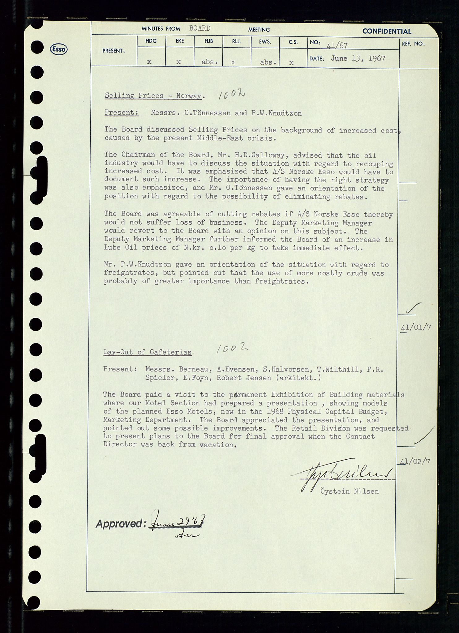 Pa 0982 - Esso Norge A/S, AV/SAST-A-100448/A/Aa/L0002/0003: Den administrerende direksjon Board minutes (styrereferater) / Den administrerende direksjon Board minutes (styrereferater), 1967, p. 85
