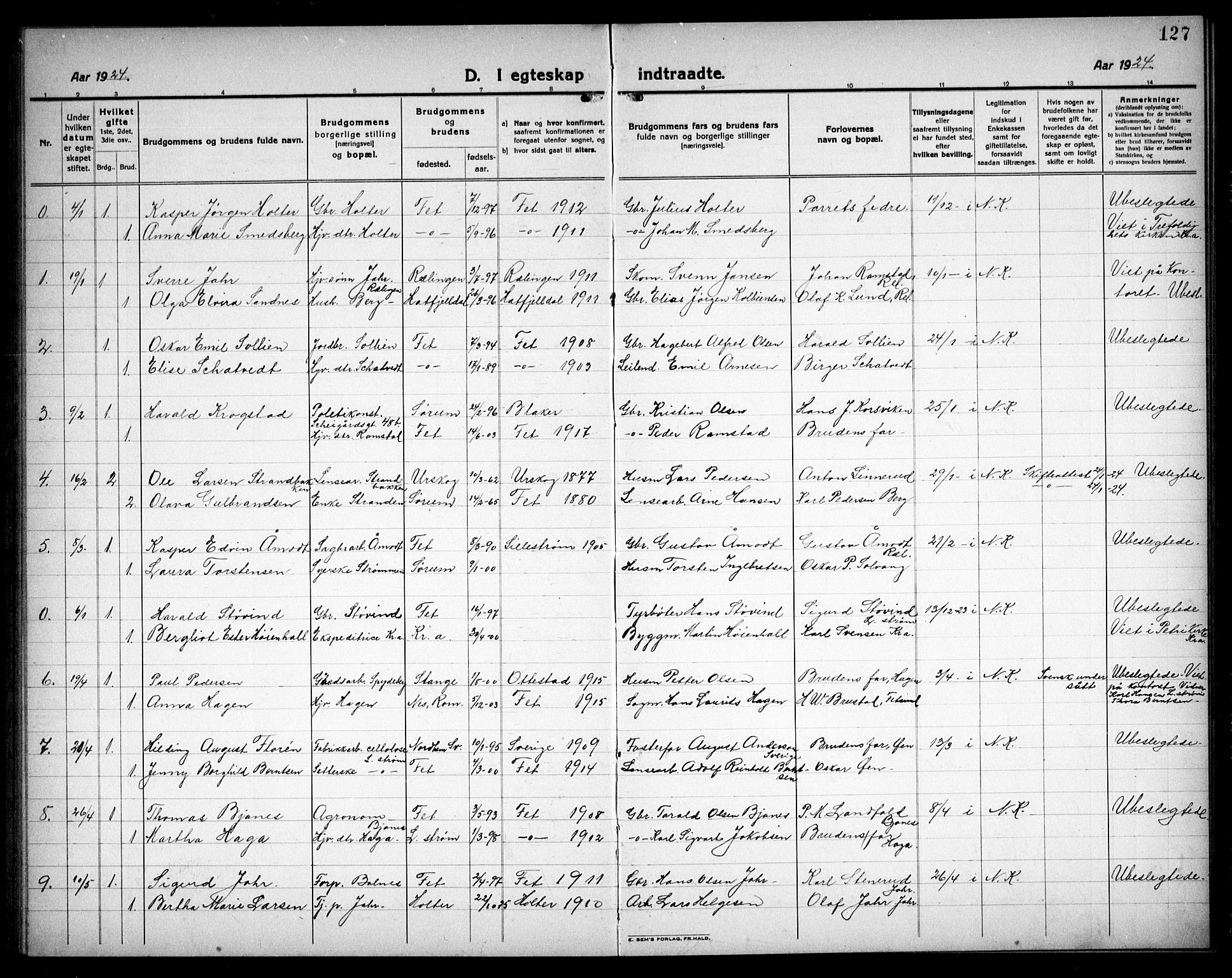 Fet prestekontor Kirkebøker, AV/SAO-A-10370a/G/Ga/L0009: Parish register (copy) no. I 9, 1920-1934, p. 127