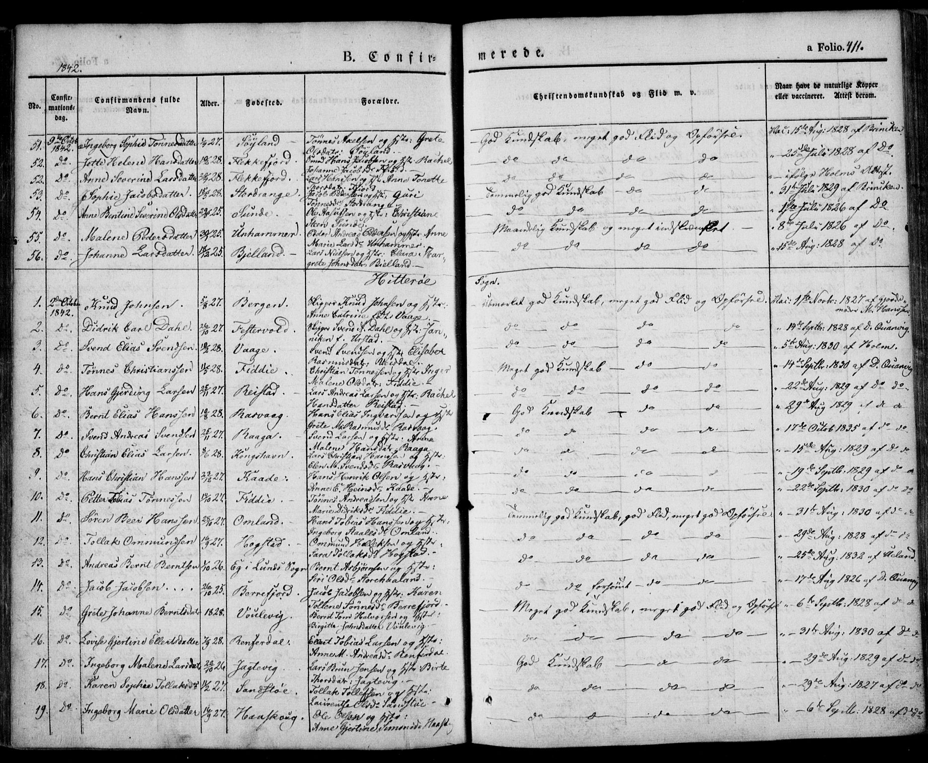 Flekkefjord sokneprestkontor, SAK/1111-0012/F/Fa/Fac/L0004: Parish register (official) no. A 4, 1841-1849, p. 411