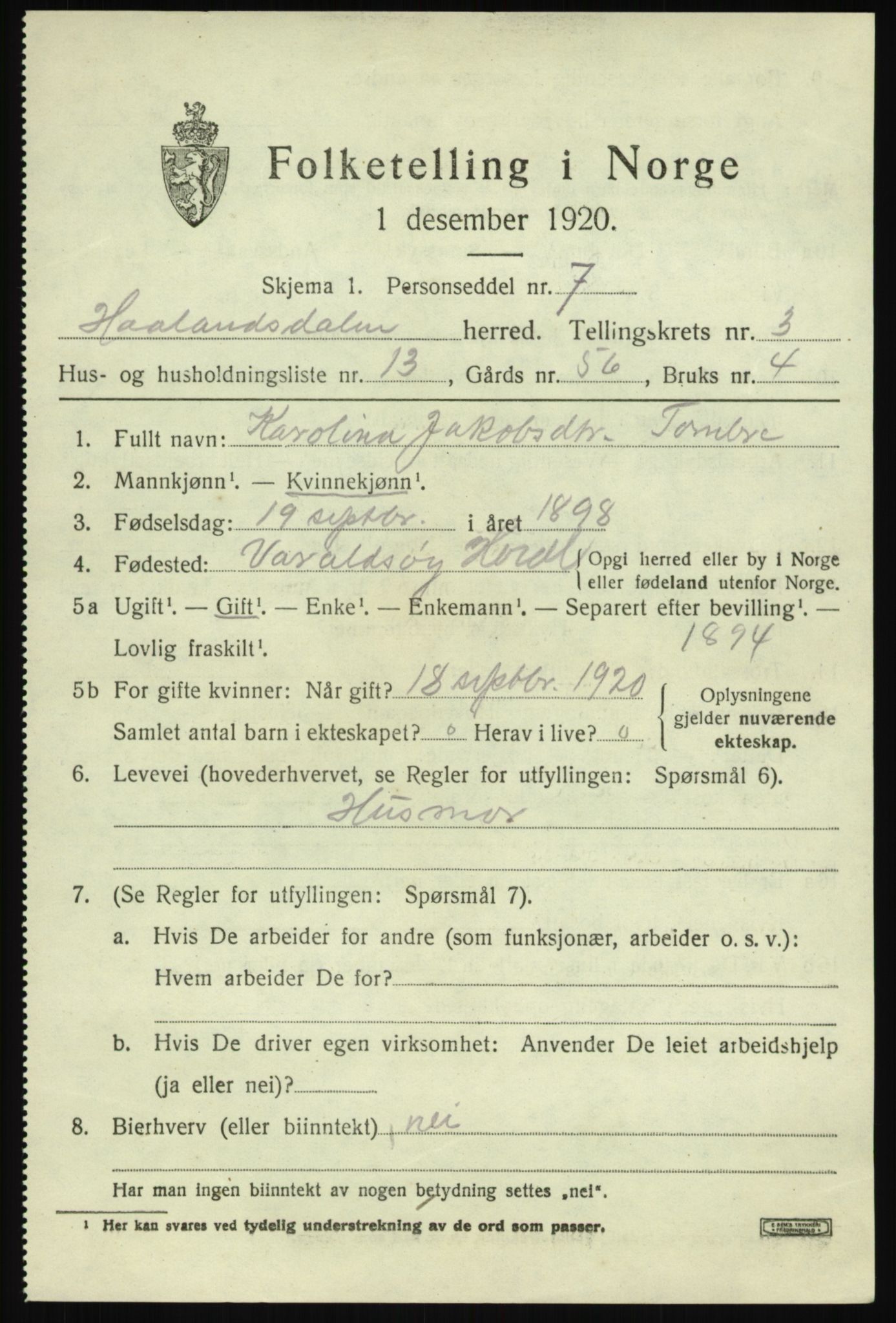 SAB, 1920 census for Hålandsdal, 1920, p. 824