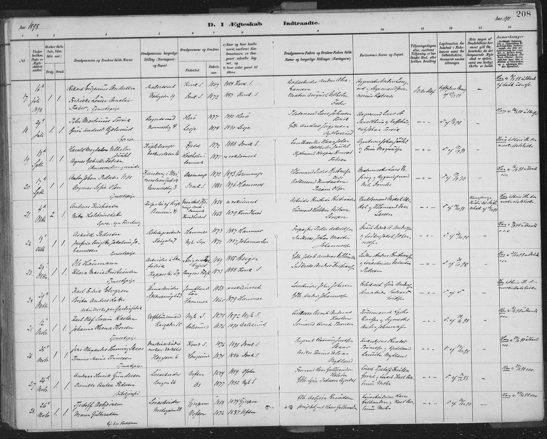 Domkirken sokneprestembete, SAB/A-74801/H/Hab/L0032: Parish register (copy) no. D 4, 1880-1907, p. 208