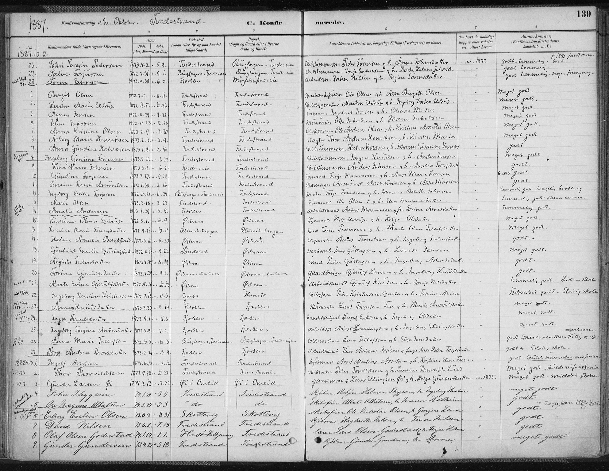 Tvedestrand sokneprestkontor, SAK/1111-0042/F/Fa/L0001: Parish register (official) no. A 1, 1885-1916, p. 139