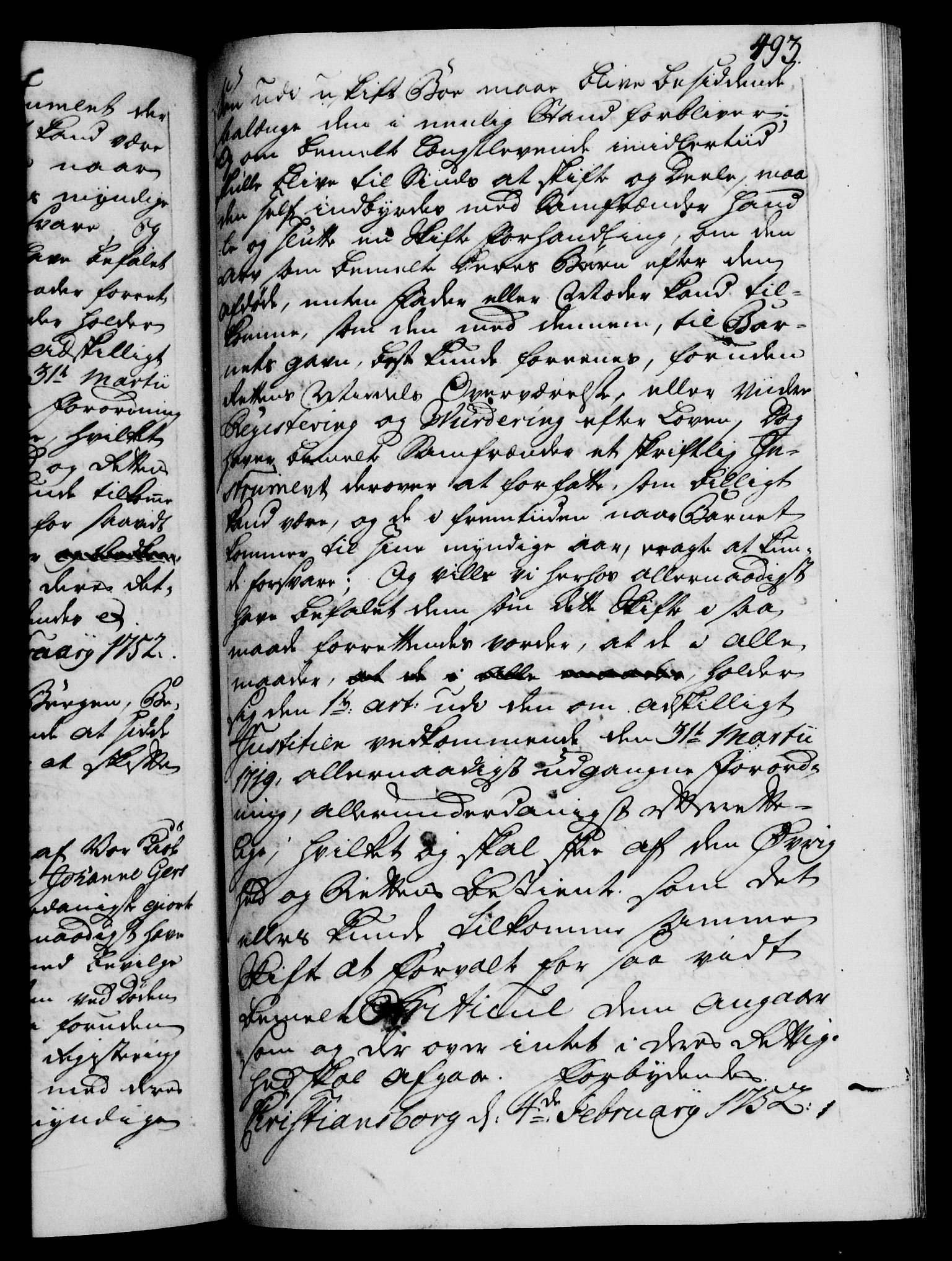 Danske Kanselli 1572-1799, RA/EA-3023/F/Fc/Fca/Fcaa/L0037: Norske registre, 1751-1752, p. 493a