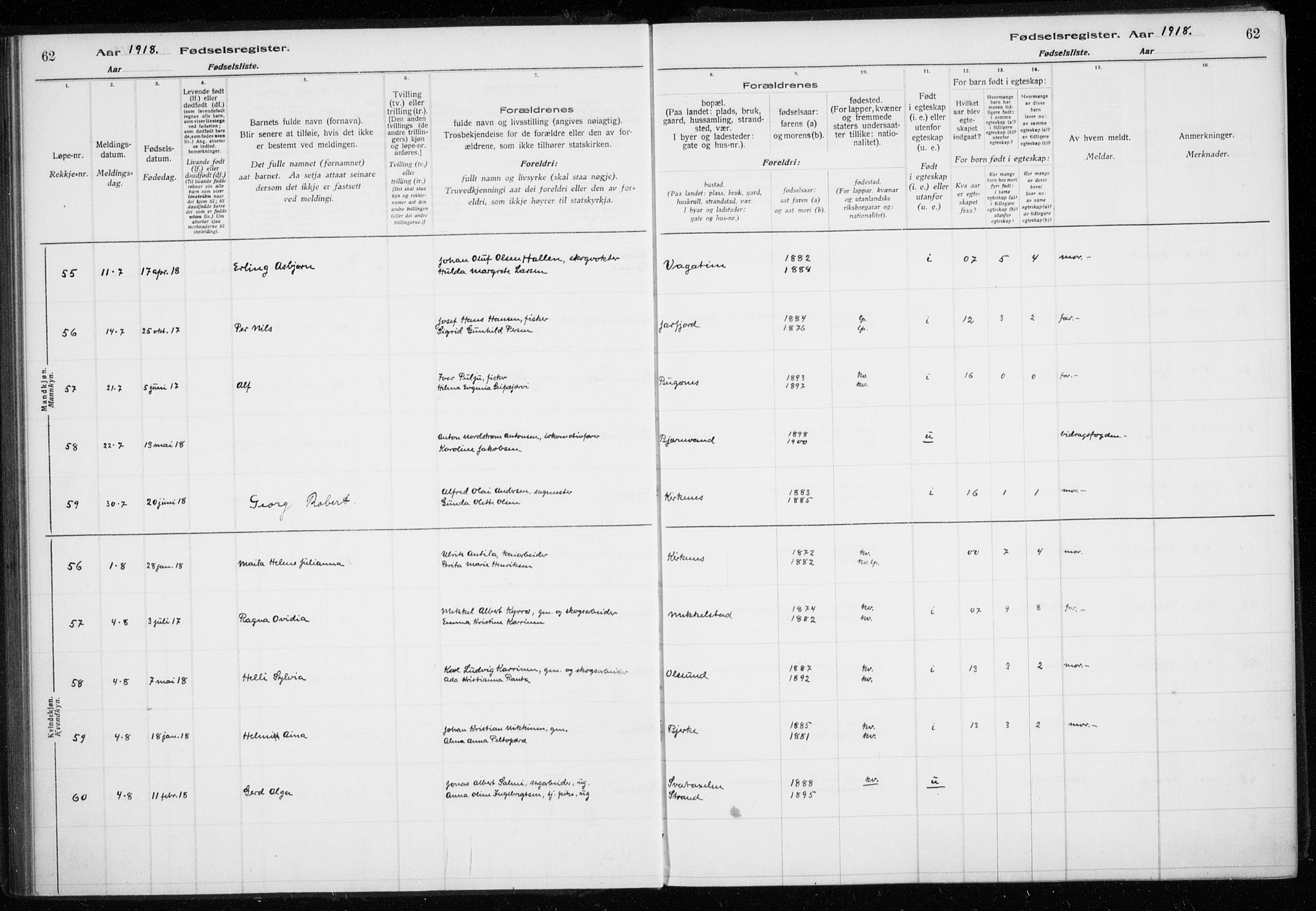 Sør-Varanger sokneprestkontor, AV/SATØ-S-1331/I/Ia/L0016: Birth register no. 16, 1915-1925, p. 62