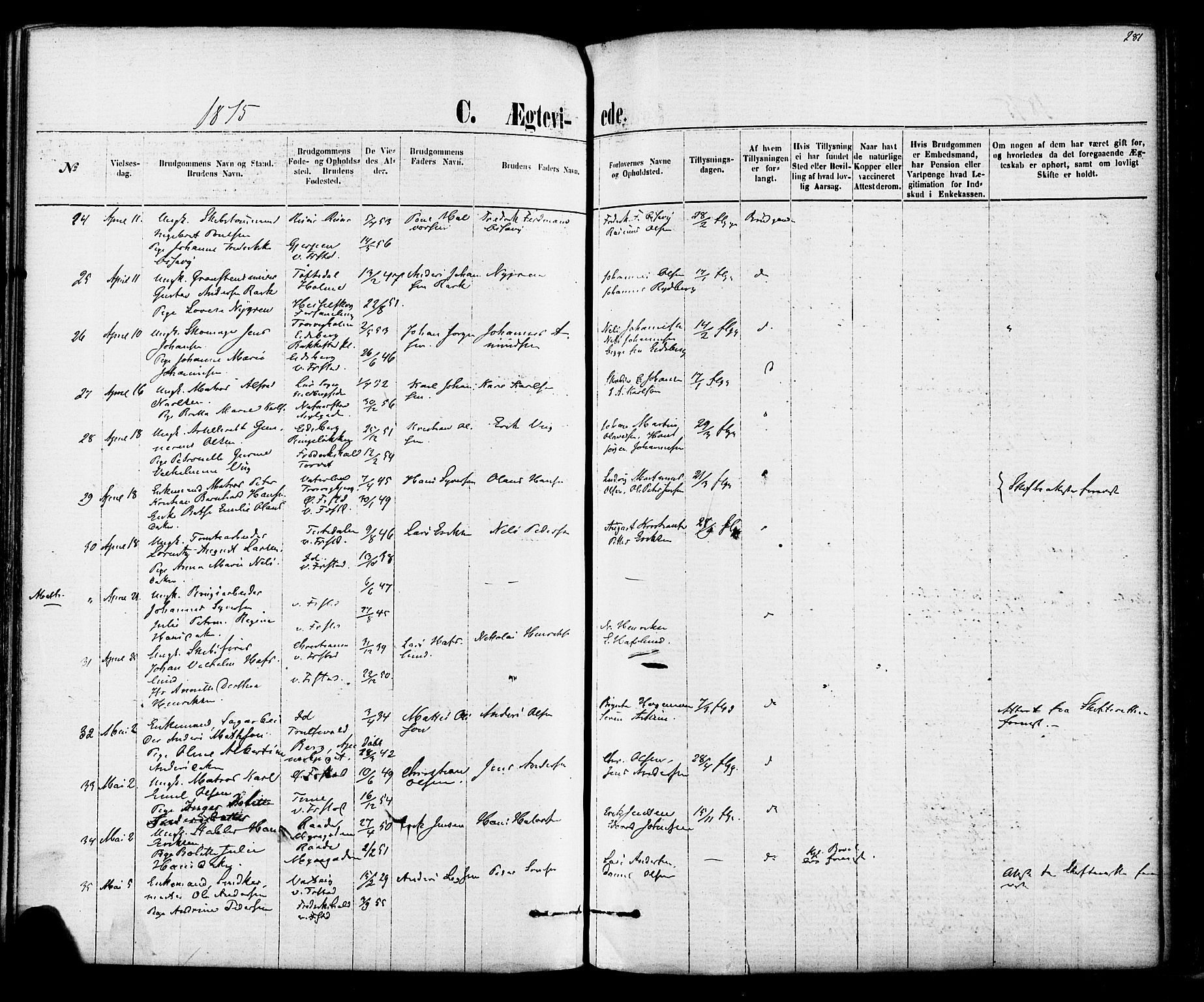 Fredrikstad domkirkes prestekontor Kirkebøker, AV/SAO-A-10906/F/Fa/L0001: Parish register (official) no. 1, 1871-1878, p. 281