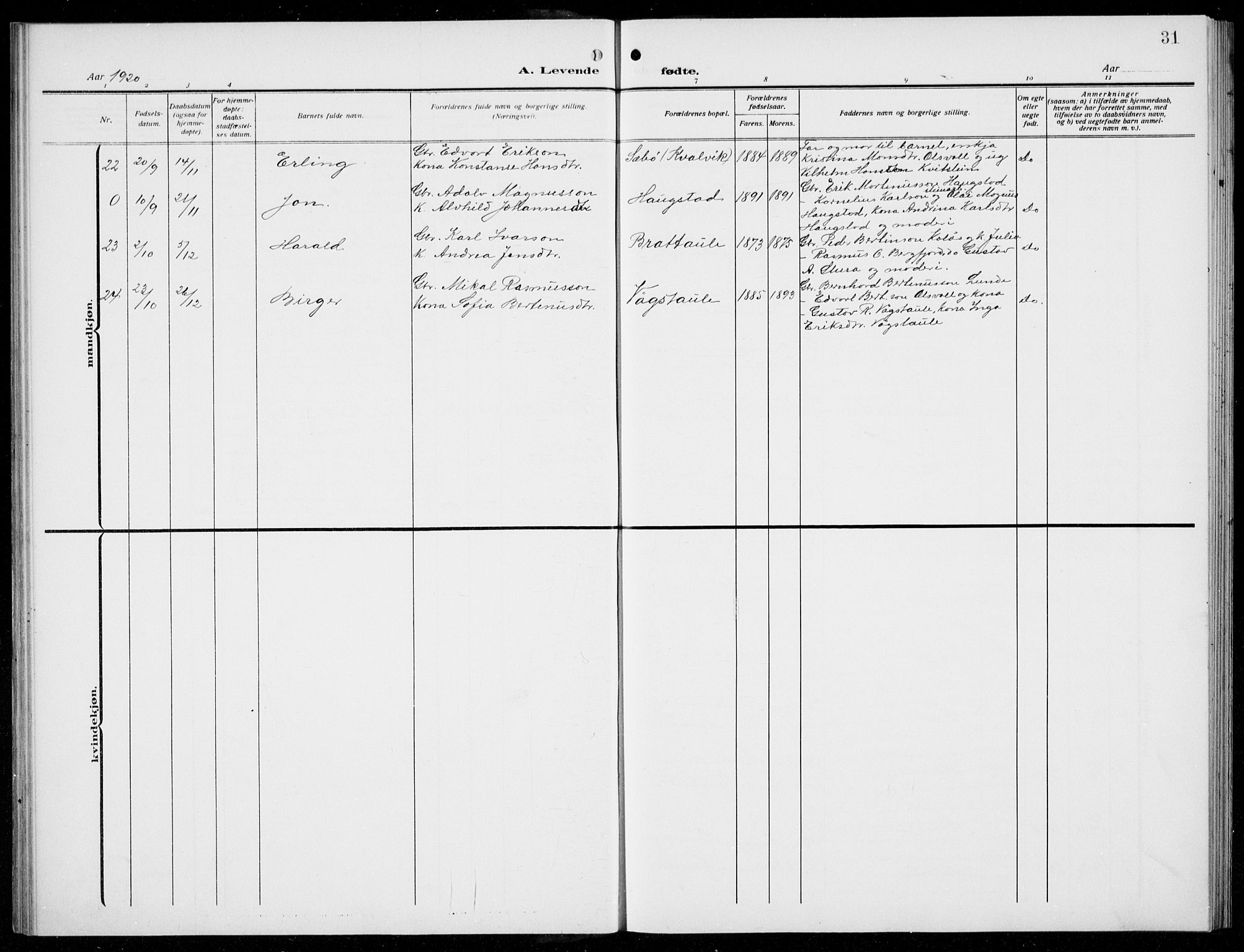 Manger sokneprestembete, SAB/A-76801/H/Hab: Parish register (copy) no. D  4, 1910-1935, p. 31
