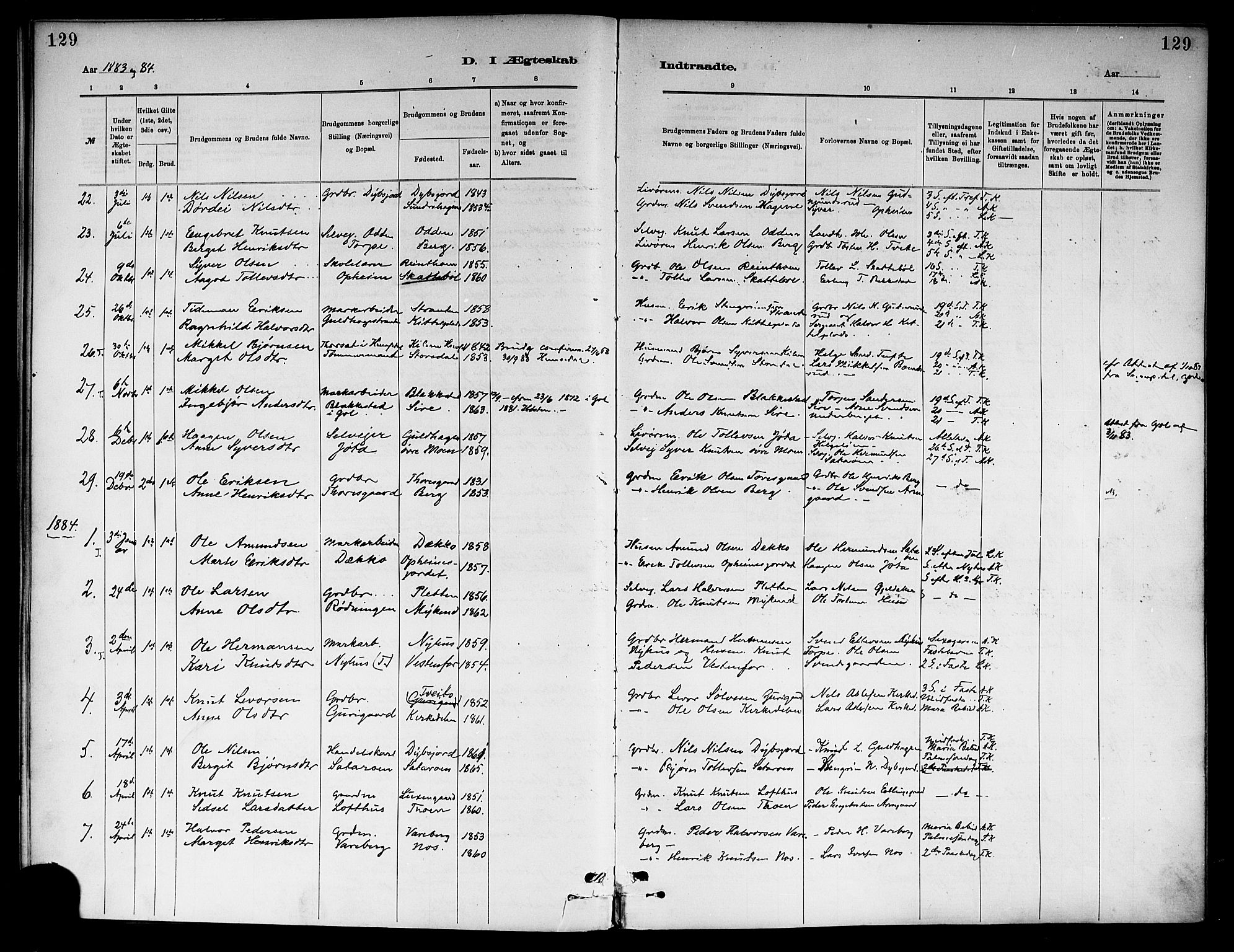 Ål kirkebøker, SAKO/A-249/F/Fa/L0008: Parish register (official) no. I 8, 1882-1896, p. 129
