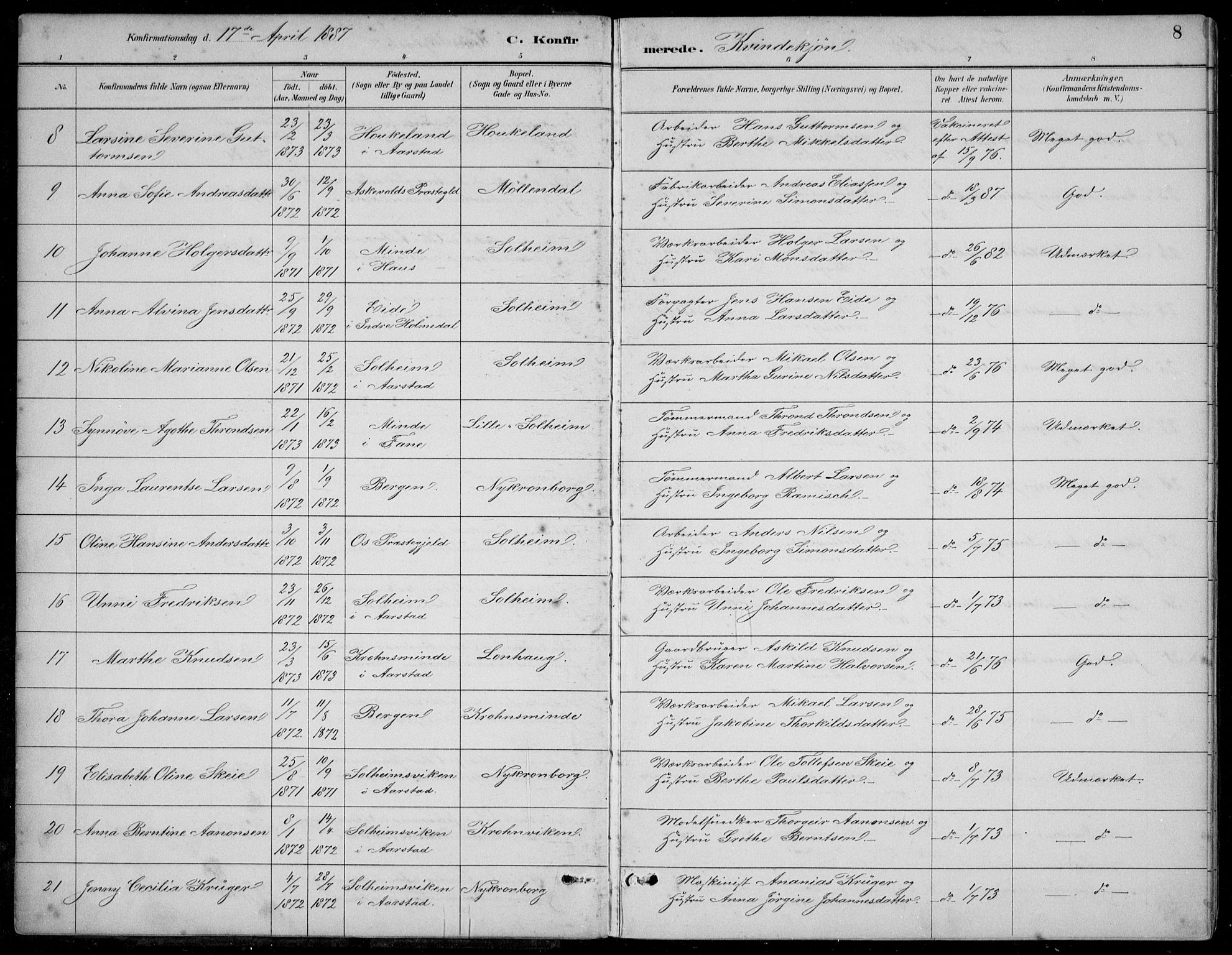 Årstad Sokneprestembete, AV/SAB-A-79301/H/Hab/L0011: Parish register (copy) no. B 1, 1886-1901, p. 8