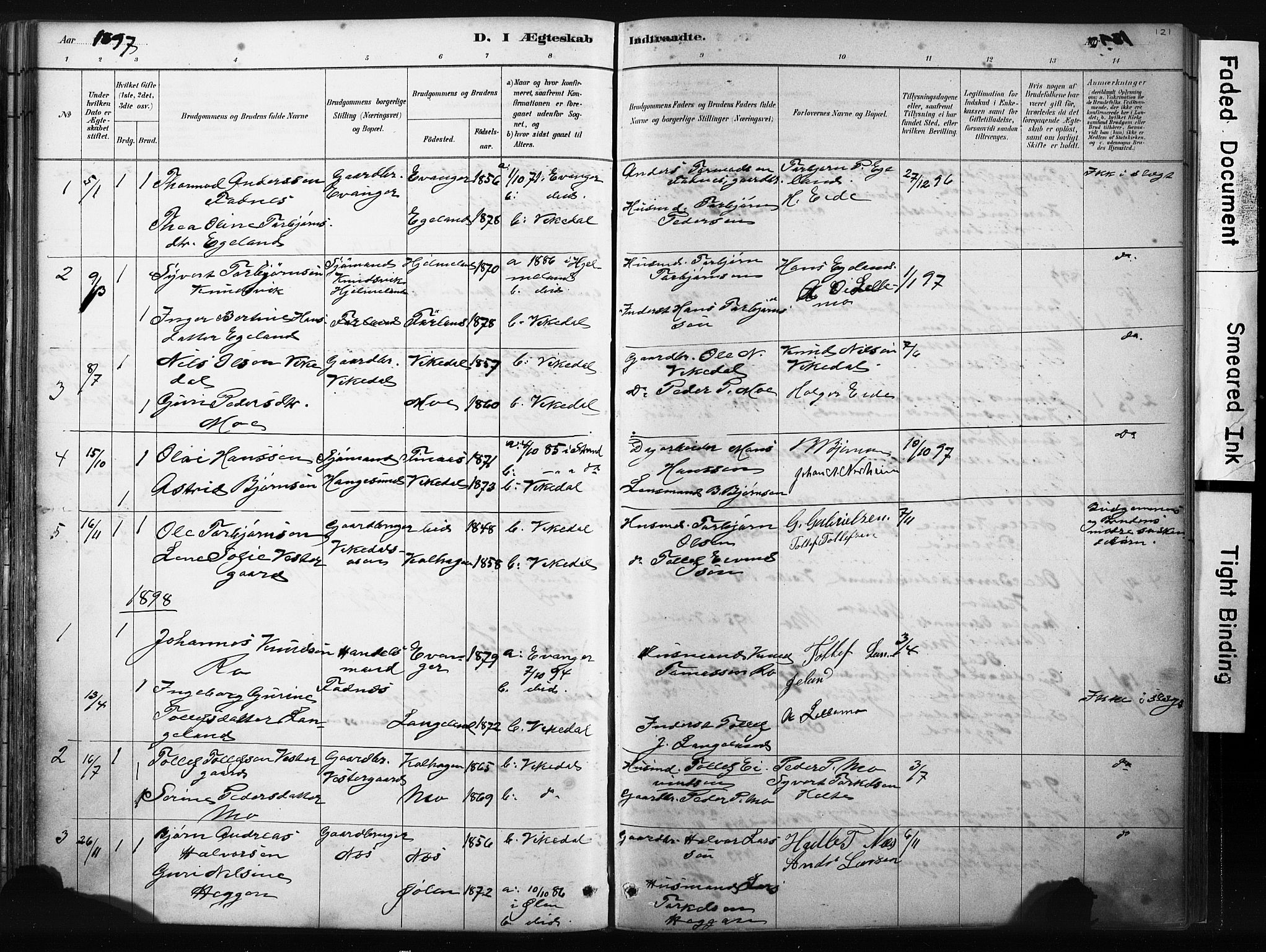 Vikedal sokneprestkontor, AV/SAST-A-101840/01/IV: Parish register (official) no. A 10, 1884-1907, p. 121