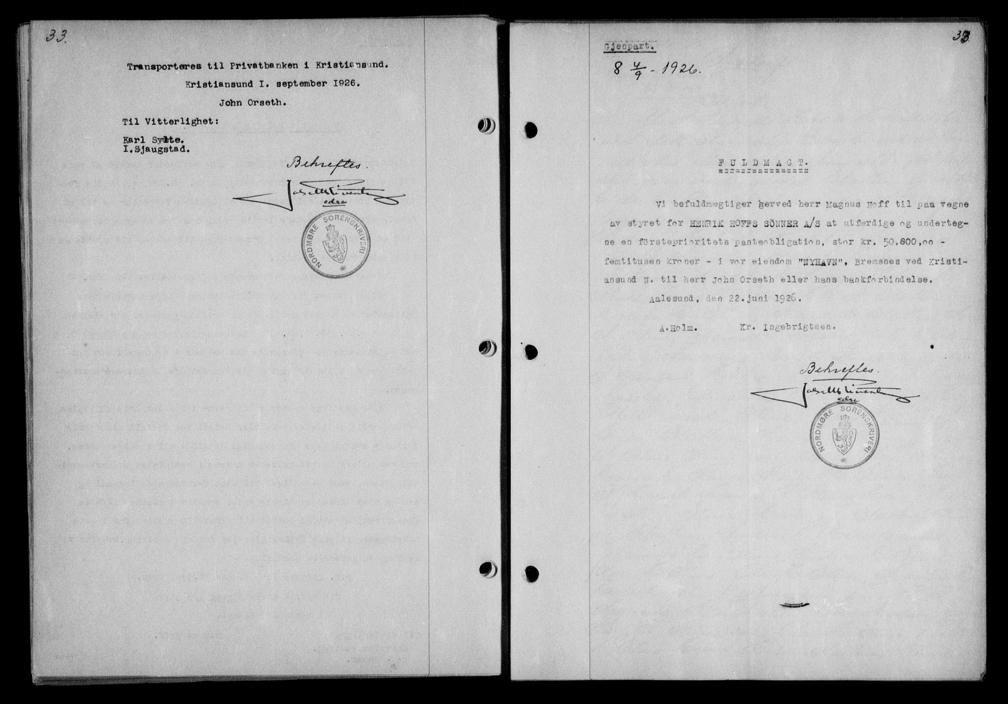 Nordmøre sorenskriveri, AV/SAT-A-4132/1/2/2Ca/L0061: Mortgage book no. 51, 1926-1927, Deed date: 04.09.1926