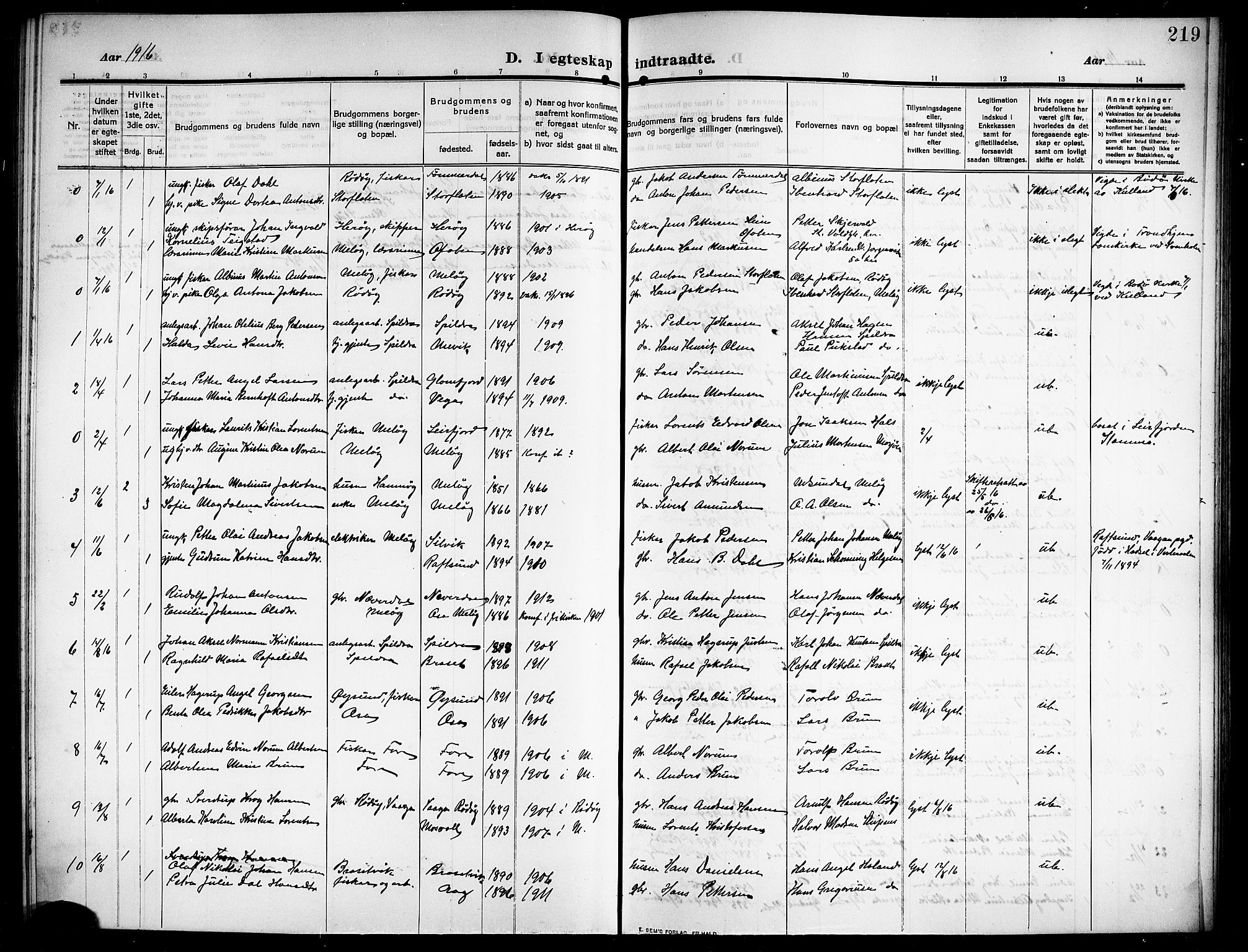 Ministerialprotokoller, klokkerbøker og fødselsregistre - Nordland, AV/SAT-A-1459/843/L0639: Parish register (copy) no. 843C08, 1908-1924, p. 219