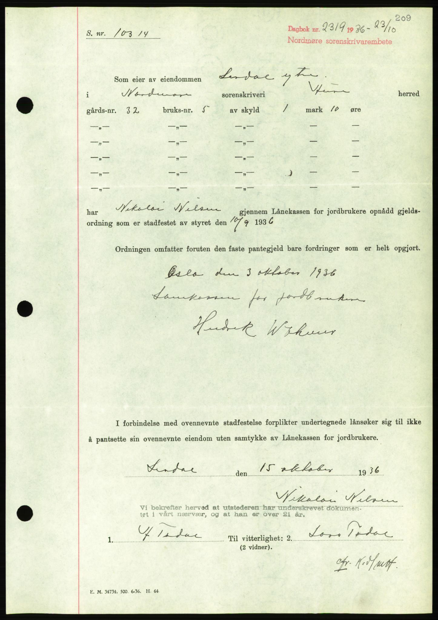 Nordmøre sorenskriveri, AV/SAT-A-4132/1/2/2Ca/L0090: Mortgage book no. B80, 1936-1937, Diary no: : 2319/1936