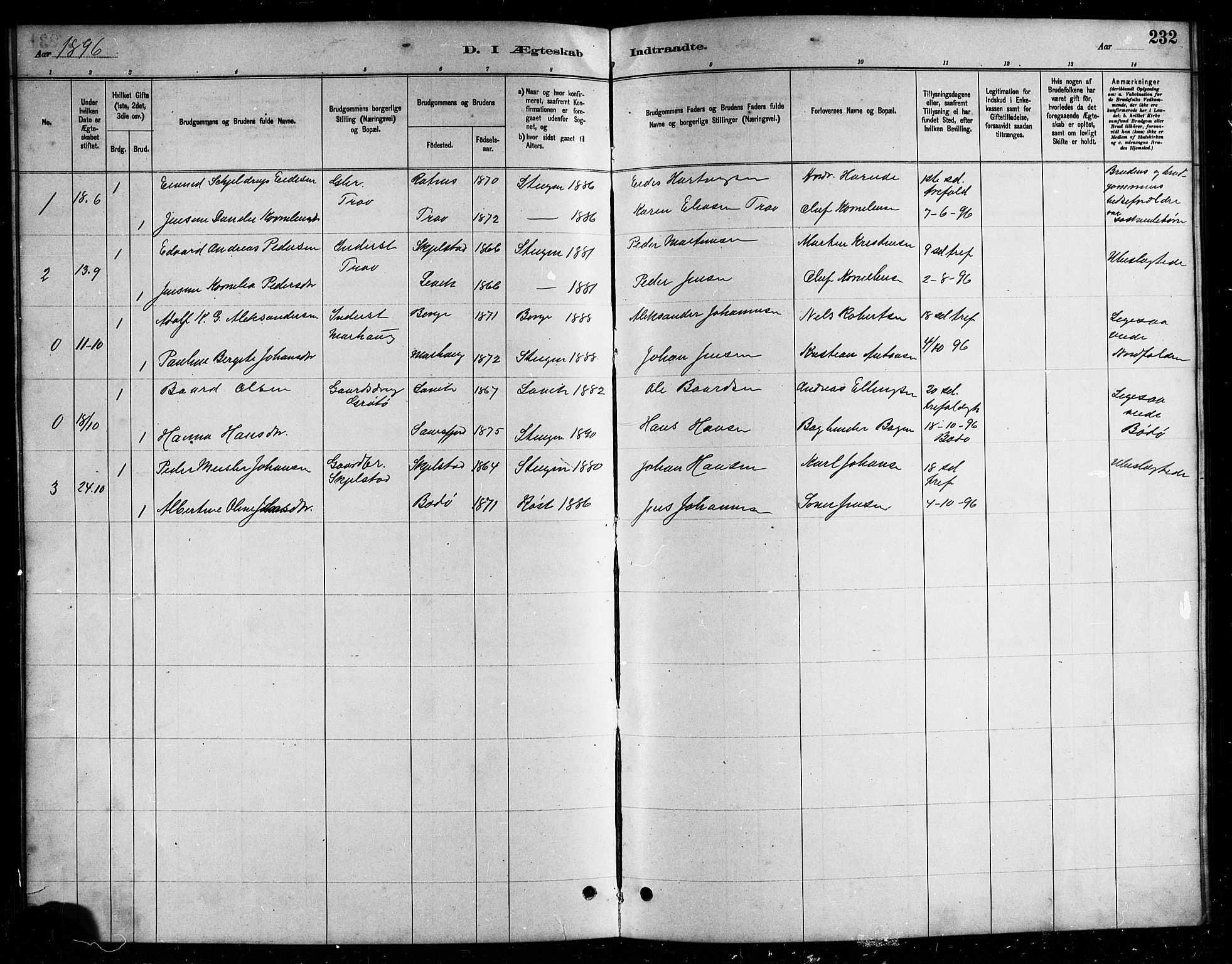 Ministerialprotokoller, klokkerbøker og fødselsregistre - Nordland, AV/SAT-A-1459/857/L0828: Parish register (copy) no. 857C03, 1879-1908, p. 232