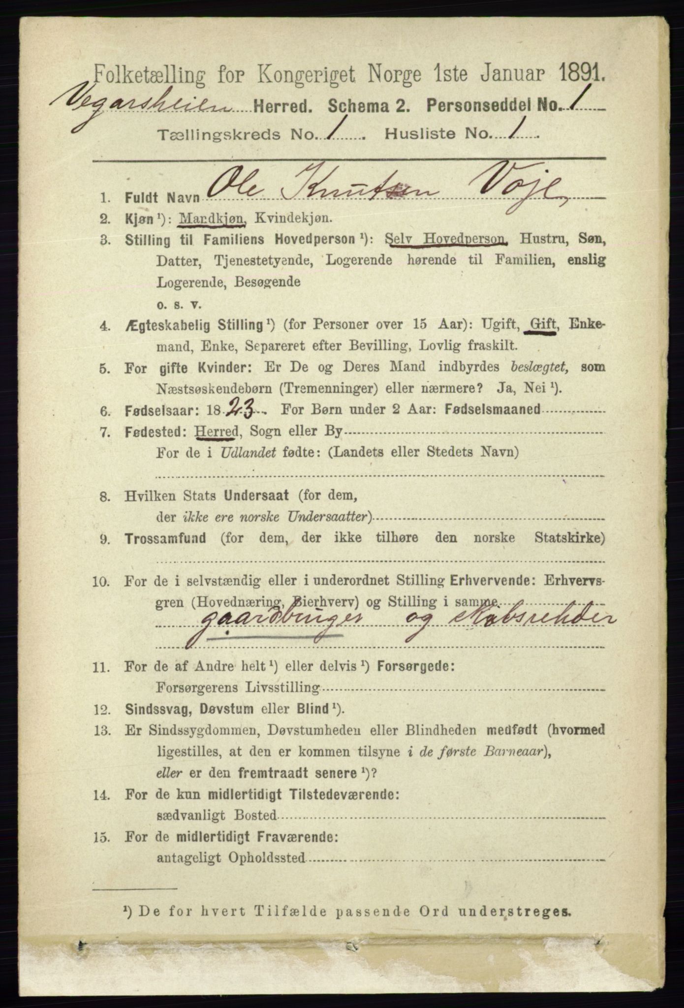 RA, 1891 census for 0912 Vegårshei, 1891, p. 66