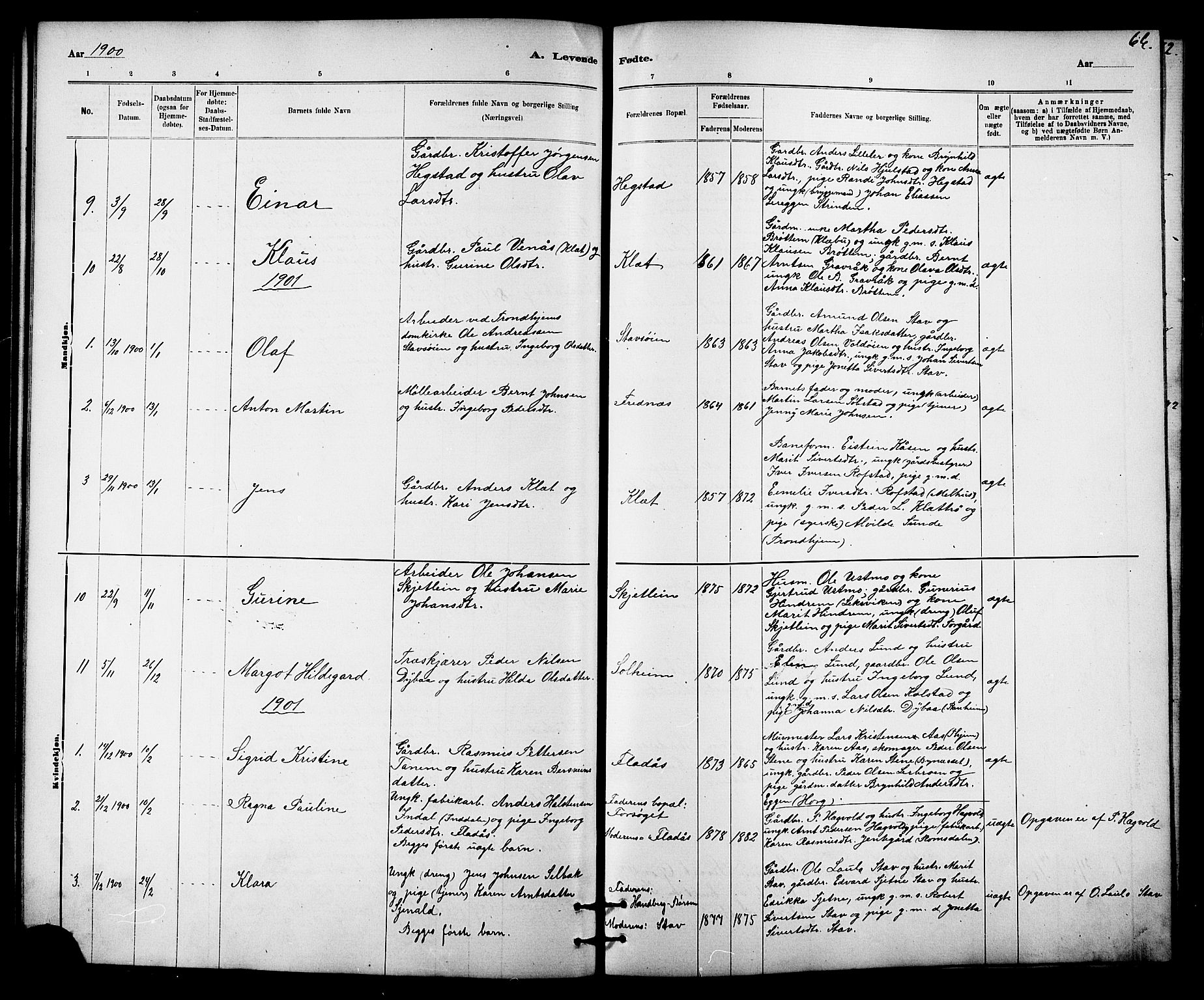 Ministerialprotokoller, klokkerbøker og fødselsregistre - Sør-Trøndelag, SAT/A-1456/613/L0395: Parish register (copy) no. 613C03, 1887-1909, p. 66