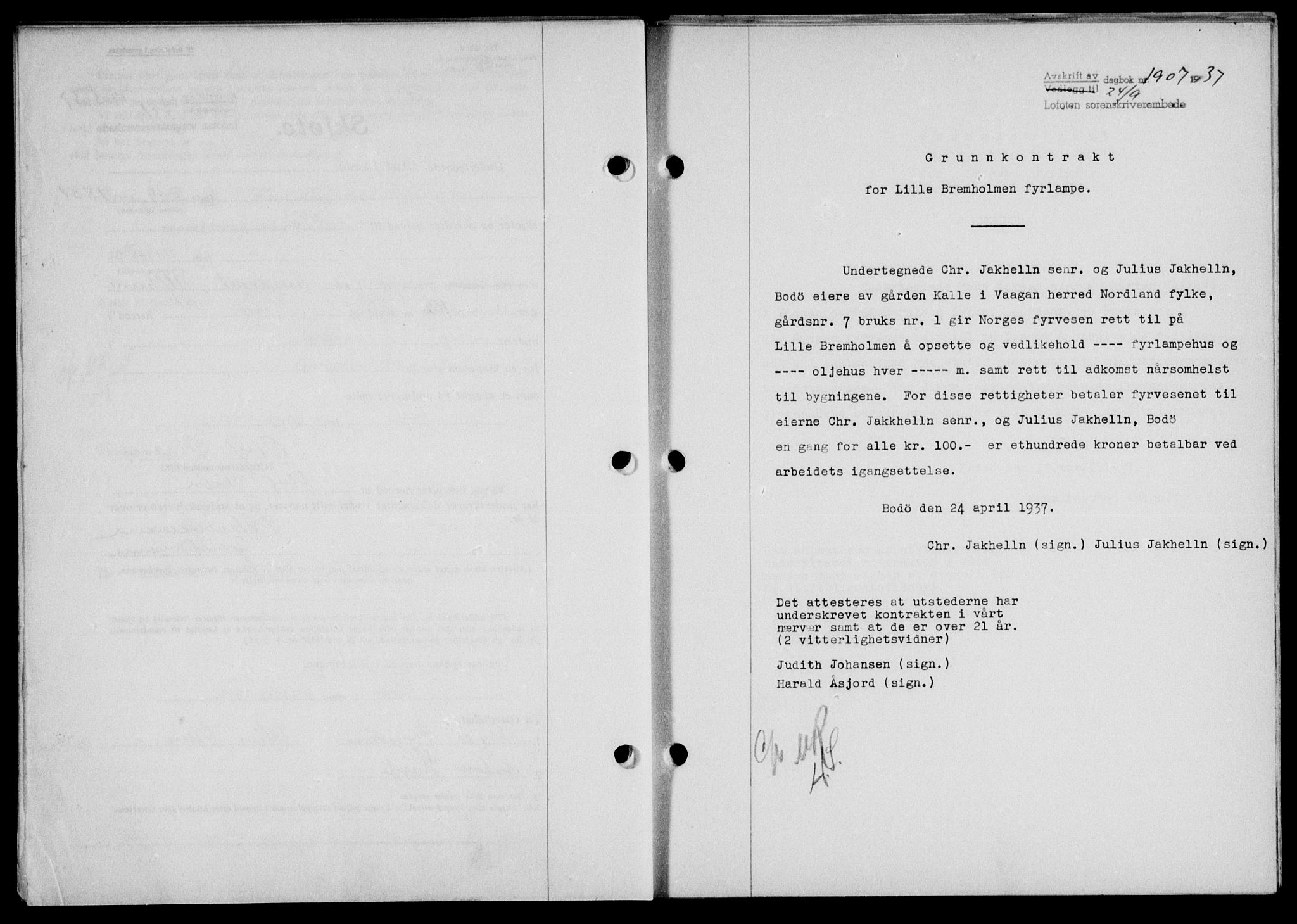 Lofoten sorenskriveri, SAT/A-0017/1/2/2C/L0002a: Mortgage book no. 2a, 1937-1937, Diary no: : 1907/1937