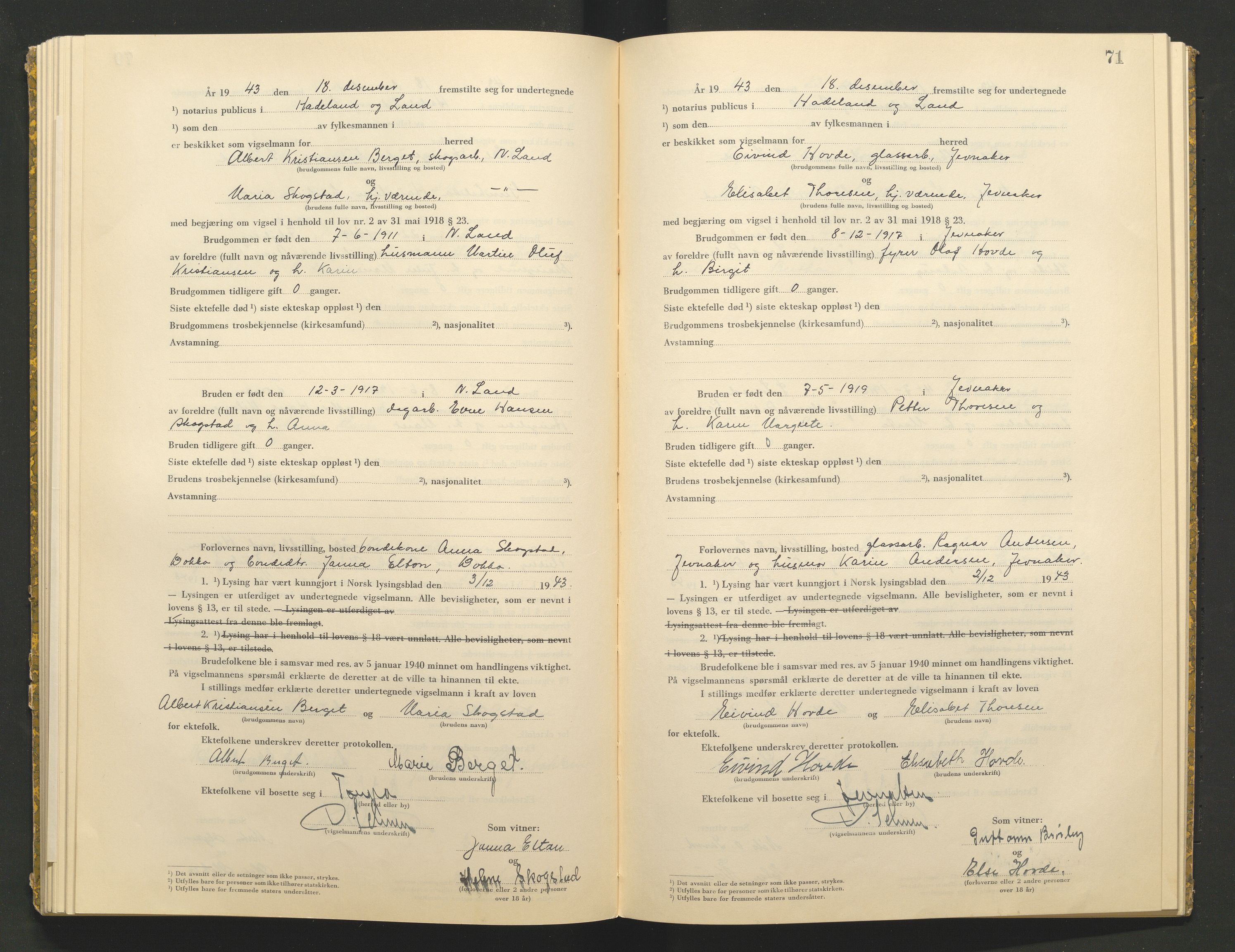 Hadeland og Land tingrett, AV/SAH-TING-010/L/Lb/L0002: Vigselbok, 1943-1944, p. 71