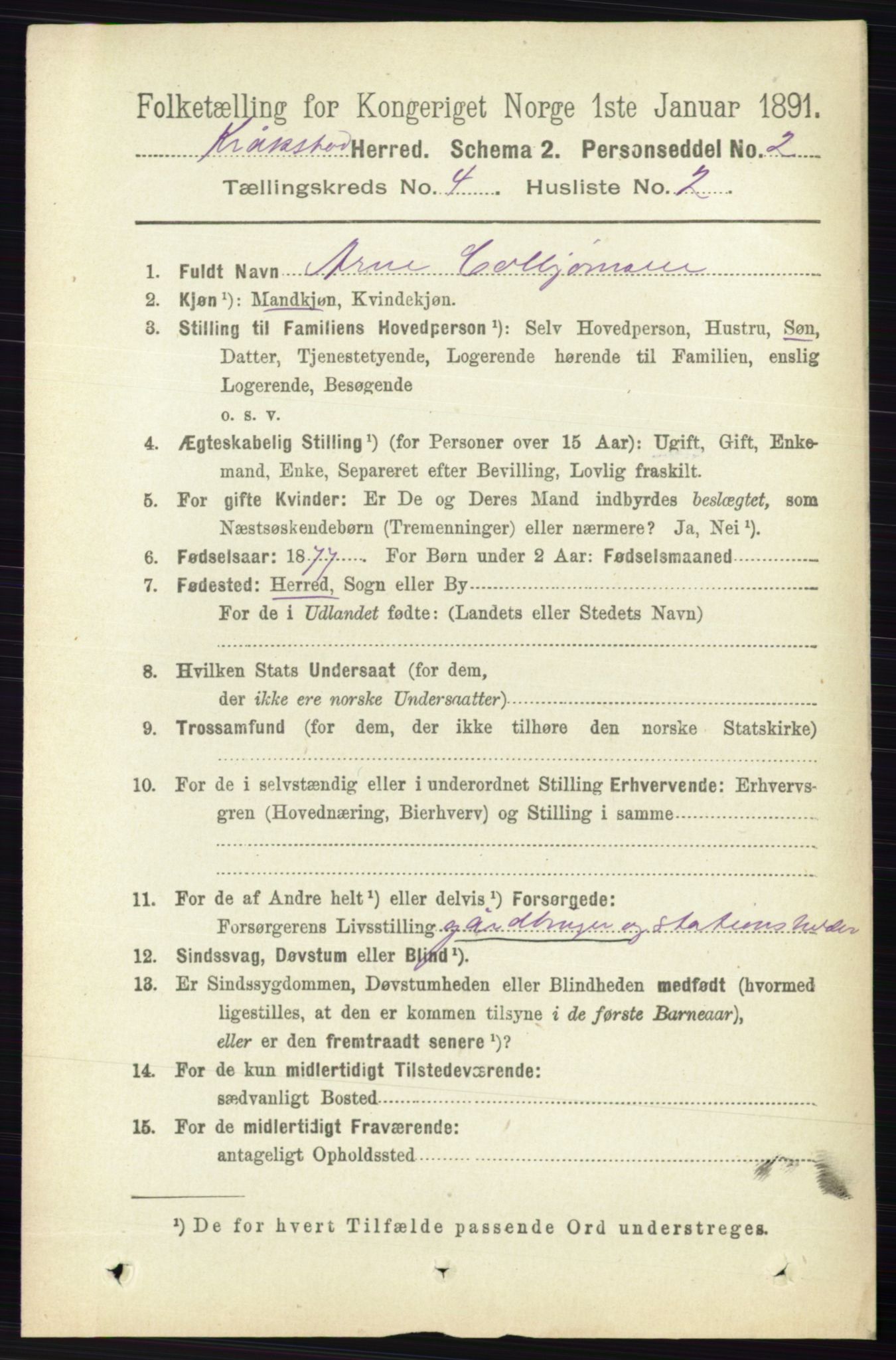 RA, 1891 census for 0212 Kråkstad, 1891, p. 1730