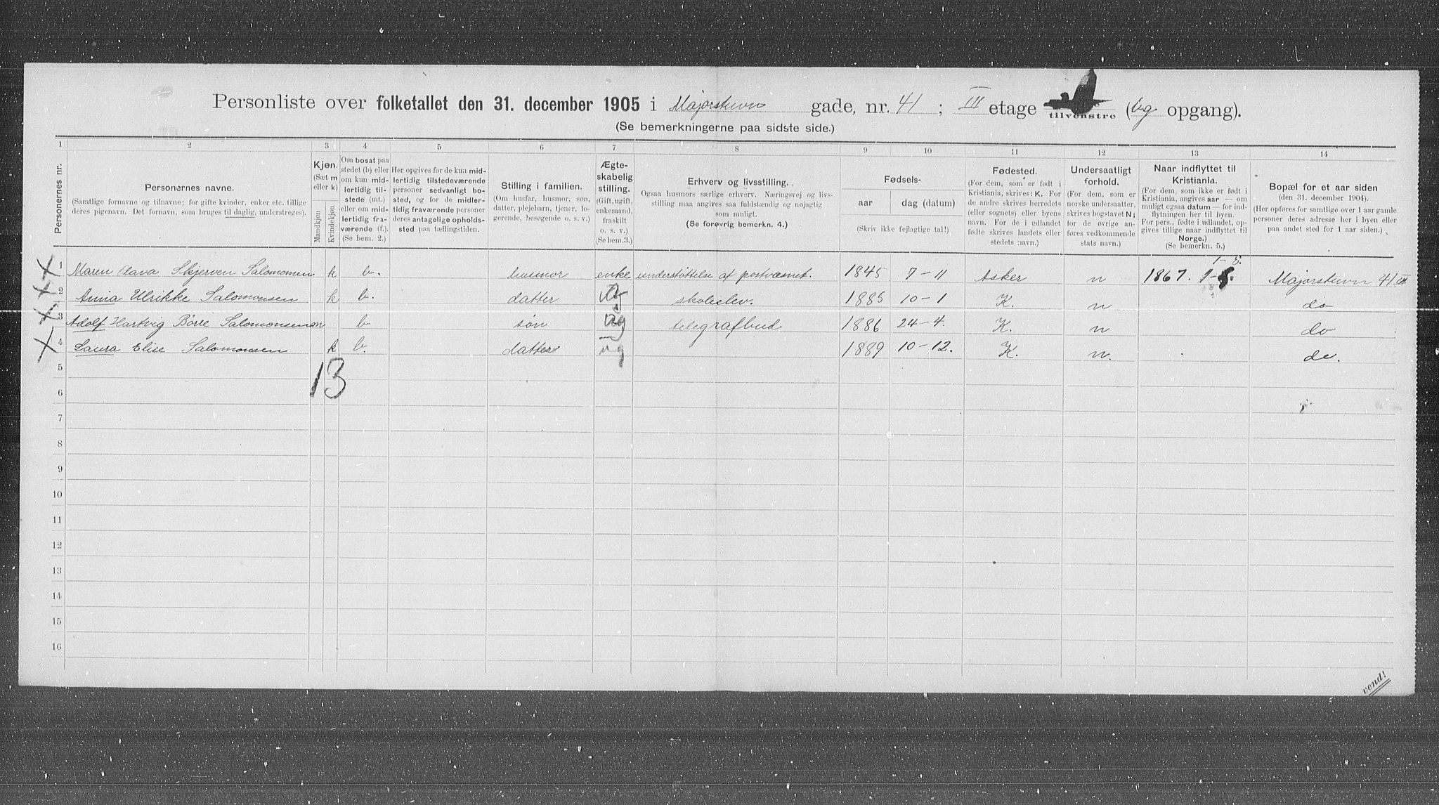 OBA, Municipal Census 1905 for Kristiania, 1905, p. 31486