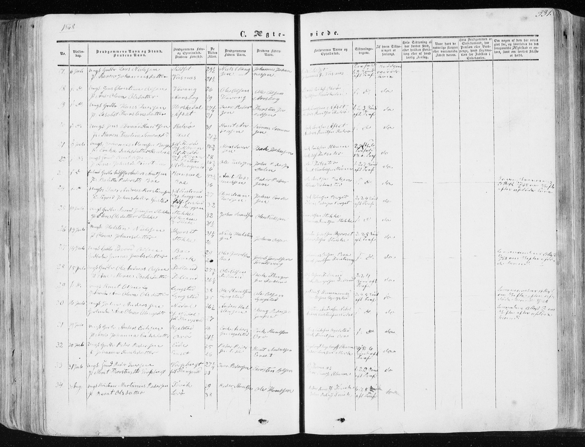 Ministerialprotokoller, klokkerbøker og fødselsregistre - Møre og Romsdal, AV/SAT-A-1454/568/L0804: Parish register (official) no. 568A11, 1854-1868, p. 331