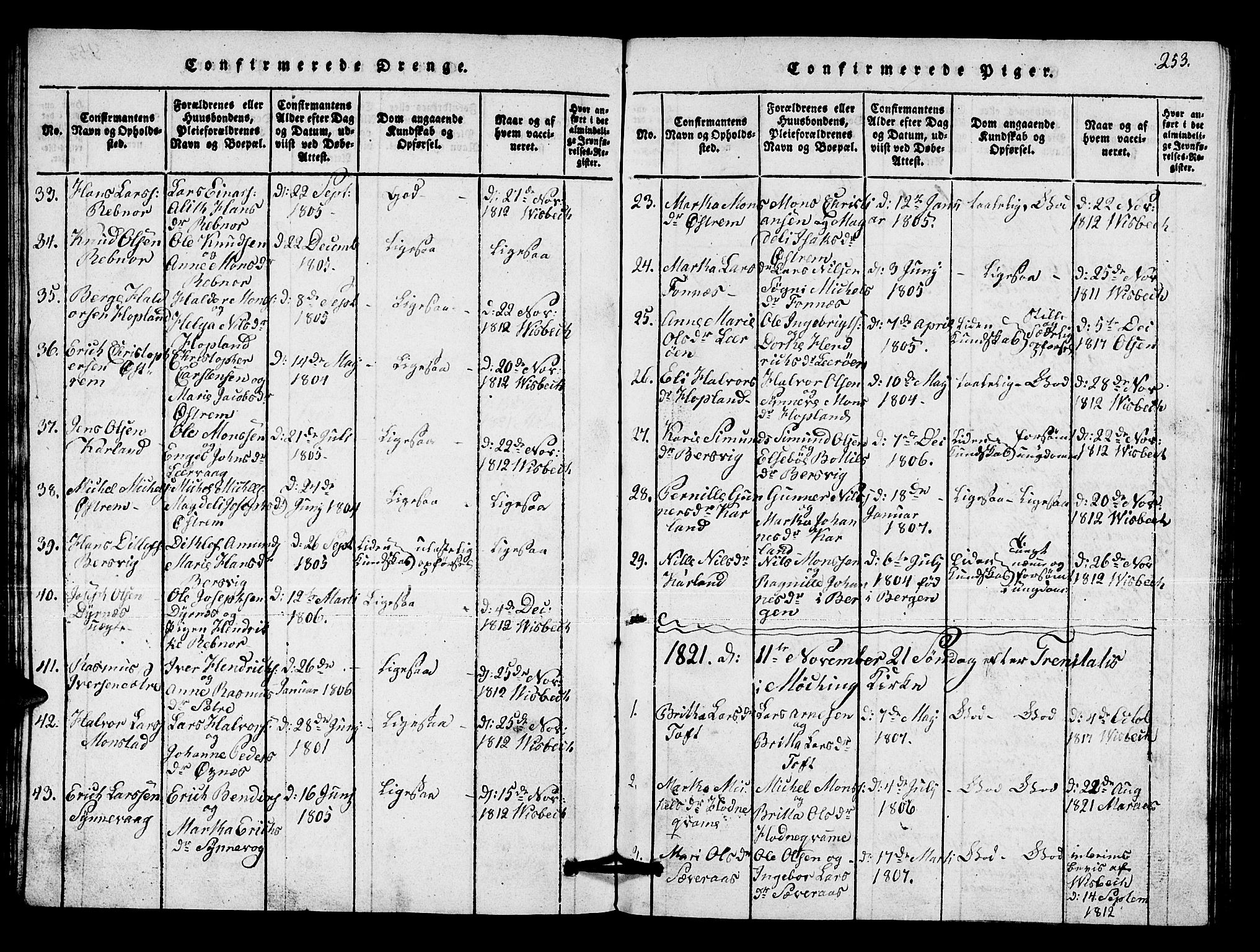 Lindås Sokneprestembete, AV/SAB-A-76701/H/Hab/Haba/L0001: Parish register (copy) no. A 1, 1816-1823, p. 253