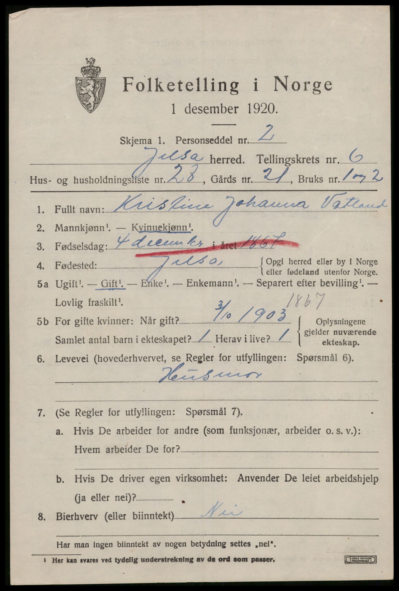 SAST, 1920 census for Jelsa, 1920, p. 1884