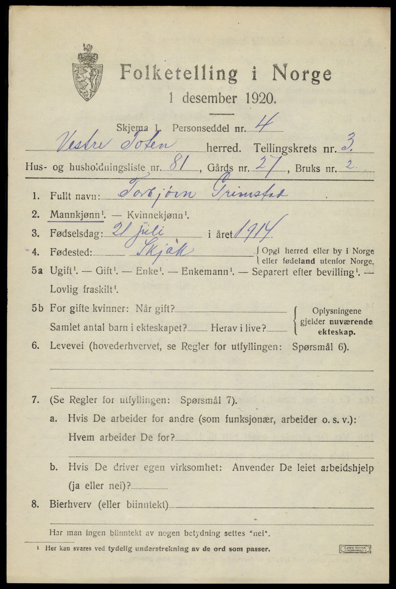 SAH, 1920 census for Vestre Toten, 1920, p. 5542