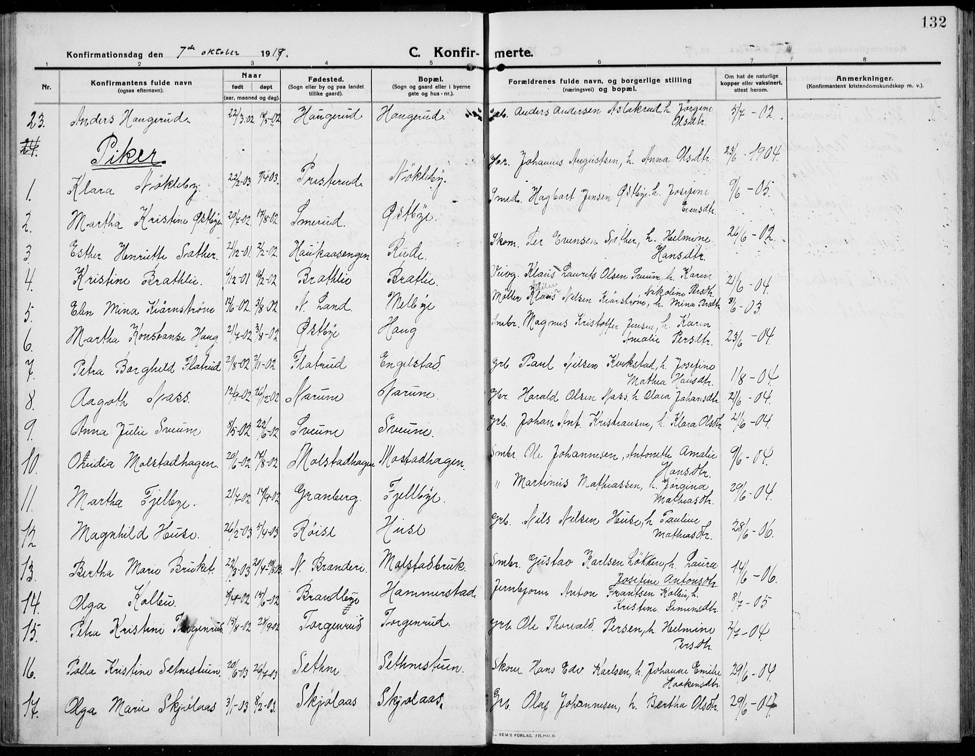 Kolbu prestekontor, SAH/PREST-110/H/Ha/Haa/L0002: Parish register (official) no. 2, 1912-1926, p. 132