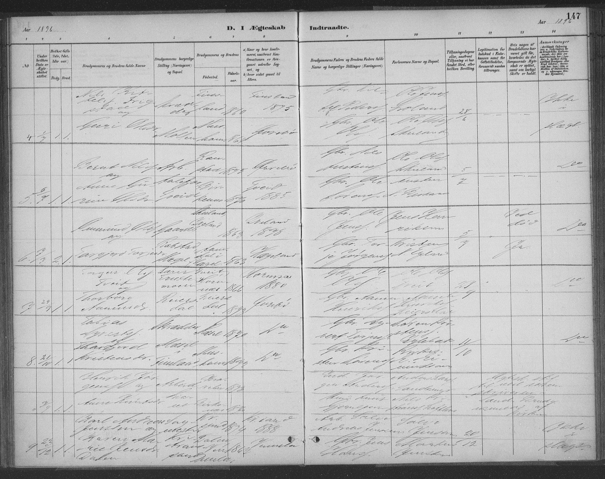 Vennesla sokneprestkontor, SAK/1111-0045/Fa/Fac/L0009: Parish register (official) no. A 9, 1884-1901, p. 147