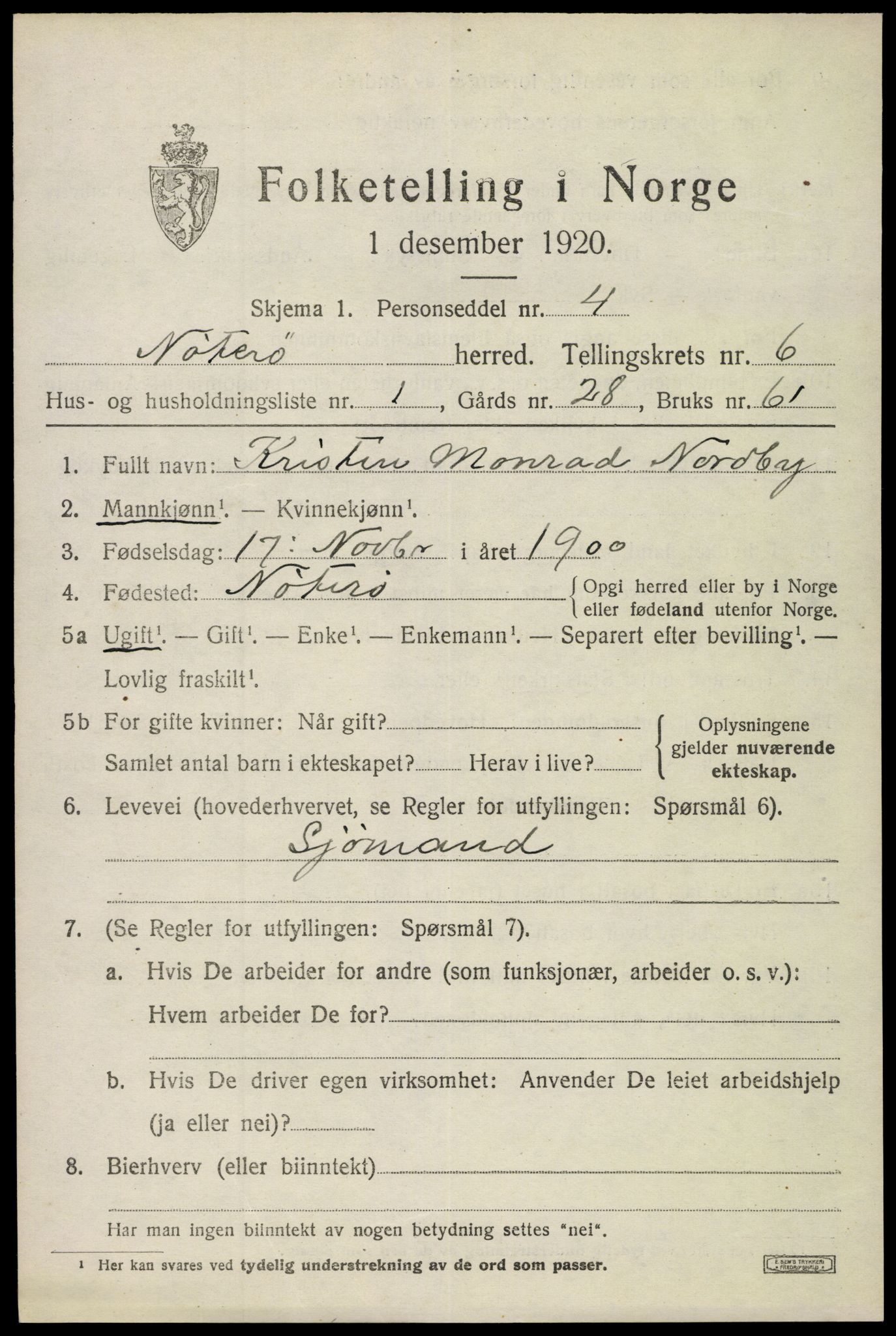 SAKO, 1920 census for Nøtterøy, 1920, p. 8439