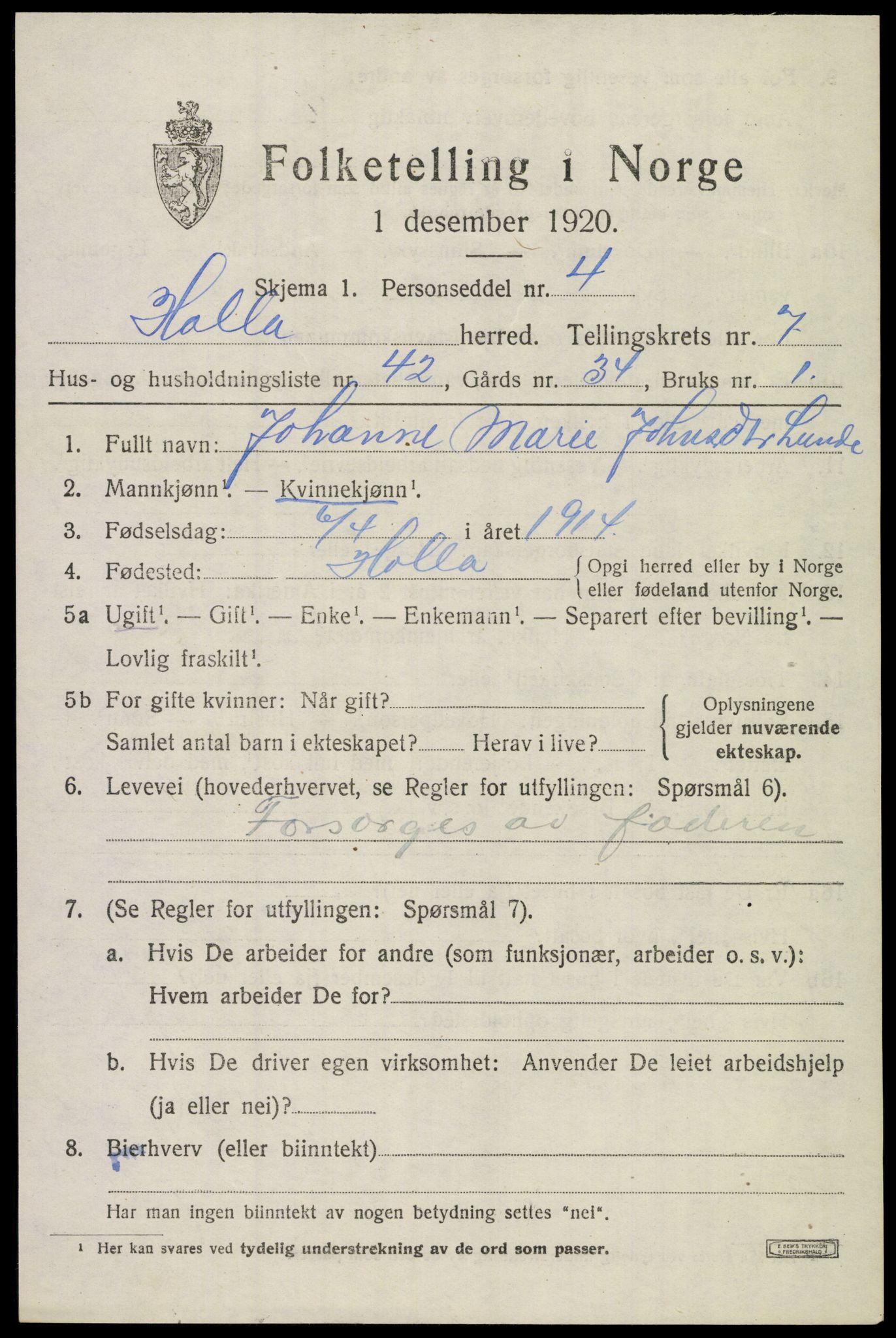 SAKO, 1920 census for Holla, 1920, p. 5299