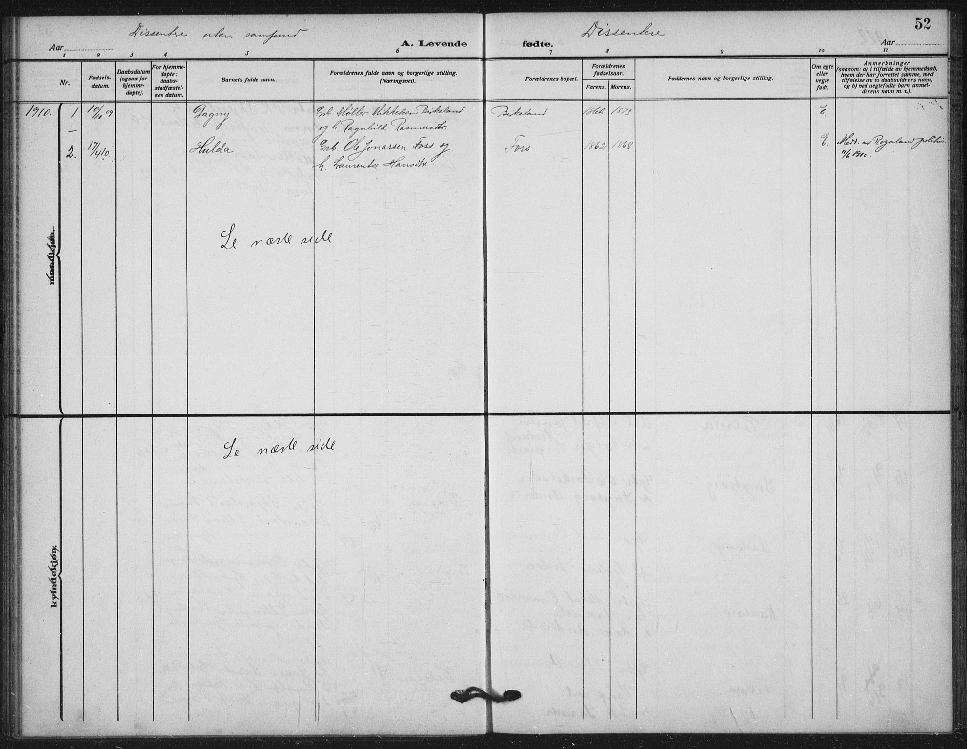 Helleland sokneprestkontor, SAST/A-101810: Parish register (official) no. A 11, 1909-1922, p. 52