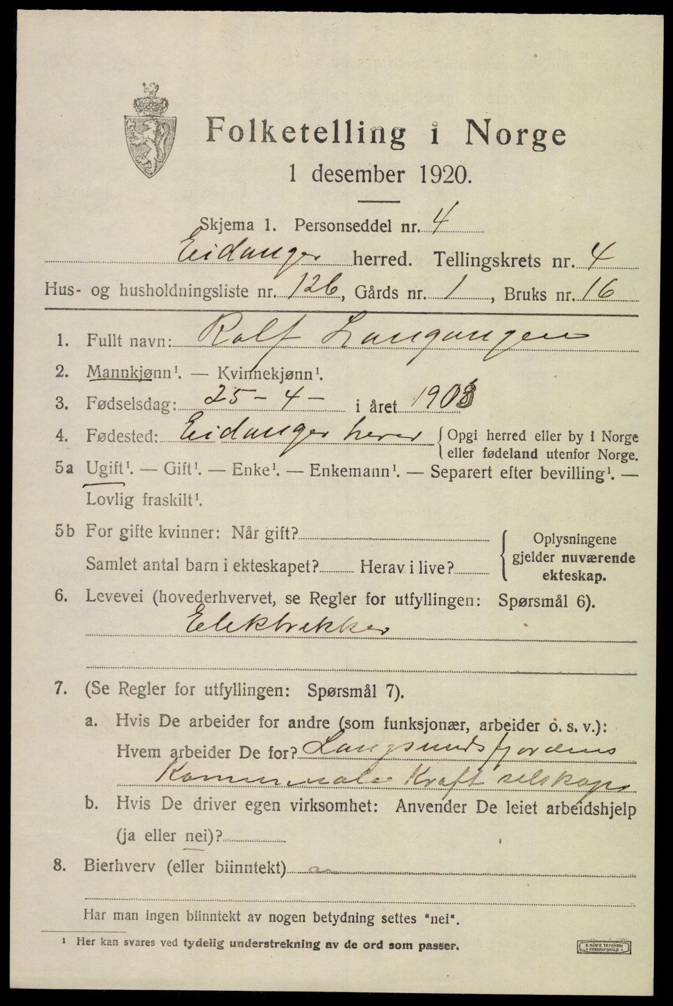 SAKO, 1920 census for Eidanger, 1920, p. 5000