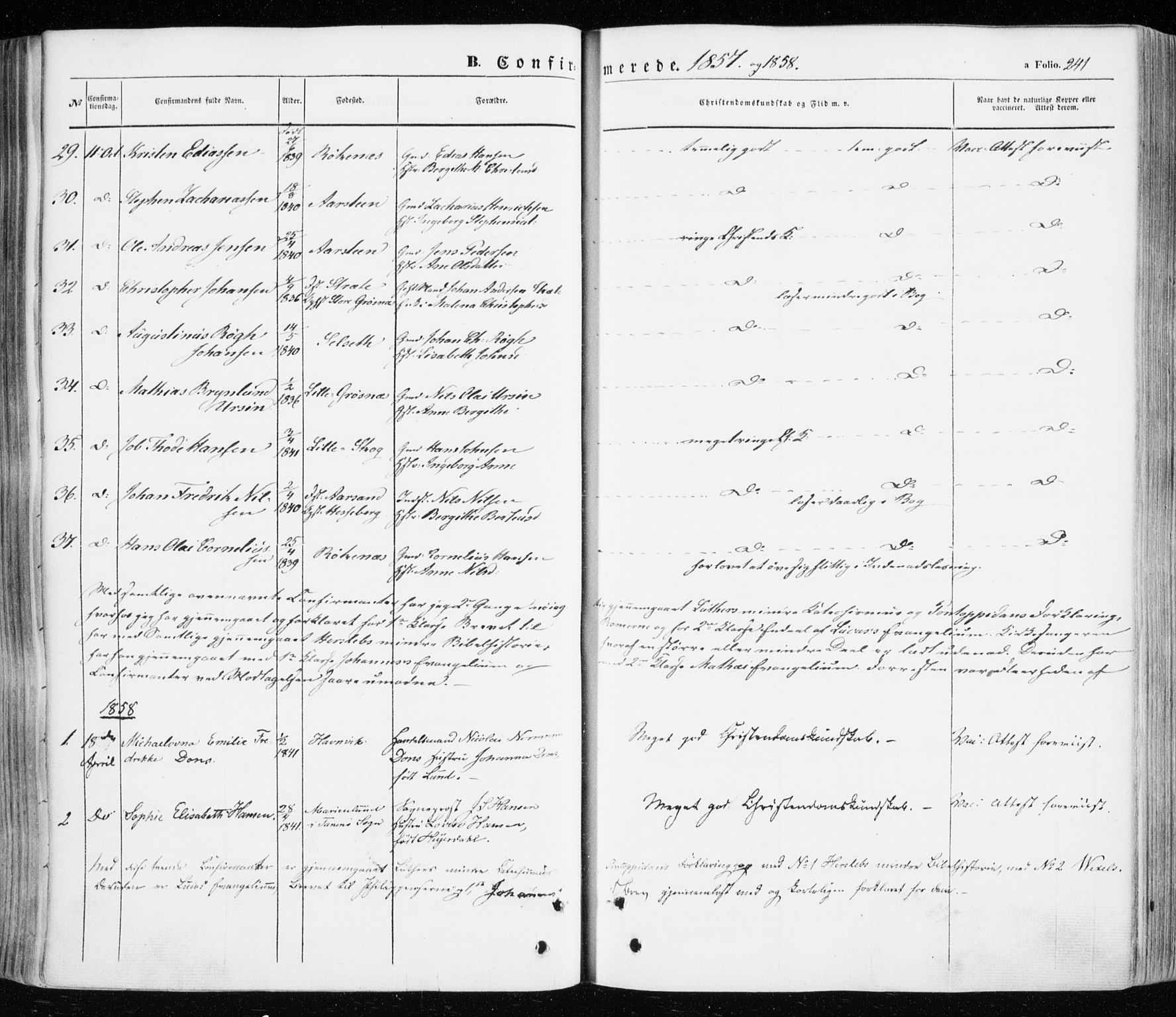 Ibestad sokneprestembete, AV/SATØ-S-0077/H/Ha/Haa/L0008kirke: Parish register (official) no. 8, 1850-1859, p. 241