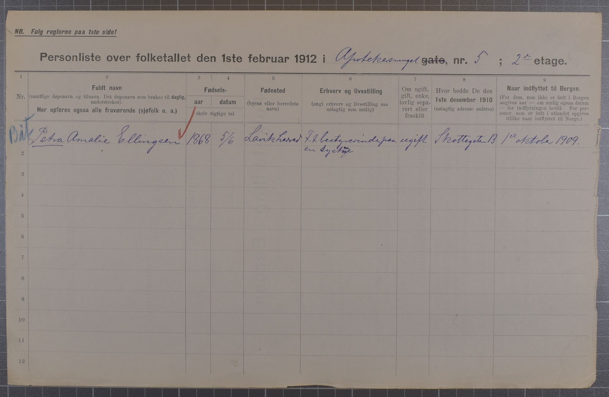 SAB, Municipal Census 1912 for Bergen, 1912, p. 1487