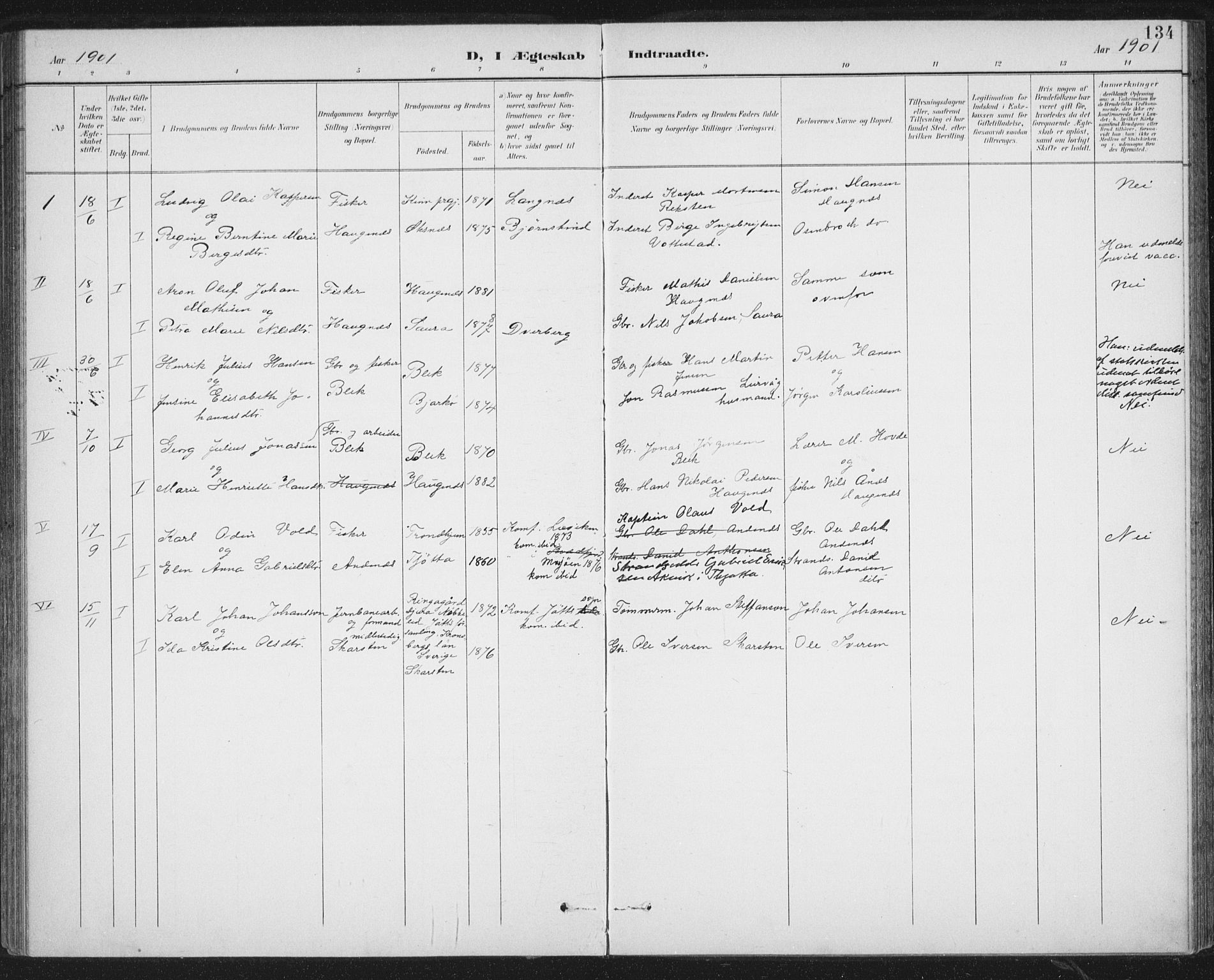 Ministerialprotokoller, klokkerbøker og fødselsregistre - Nordland, SAT/A-1459/899/L1437: Parish register (official) no. 899A05, 1897-1908, p. 134